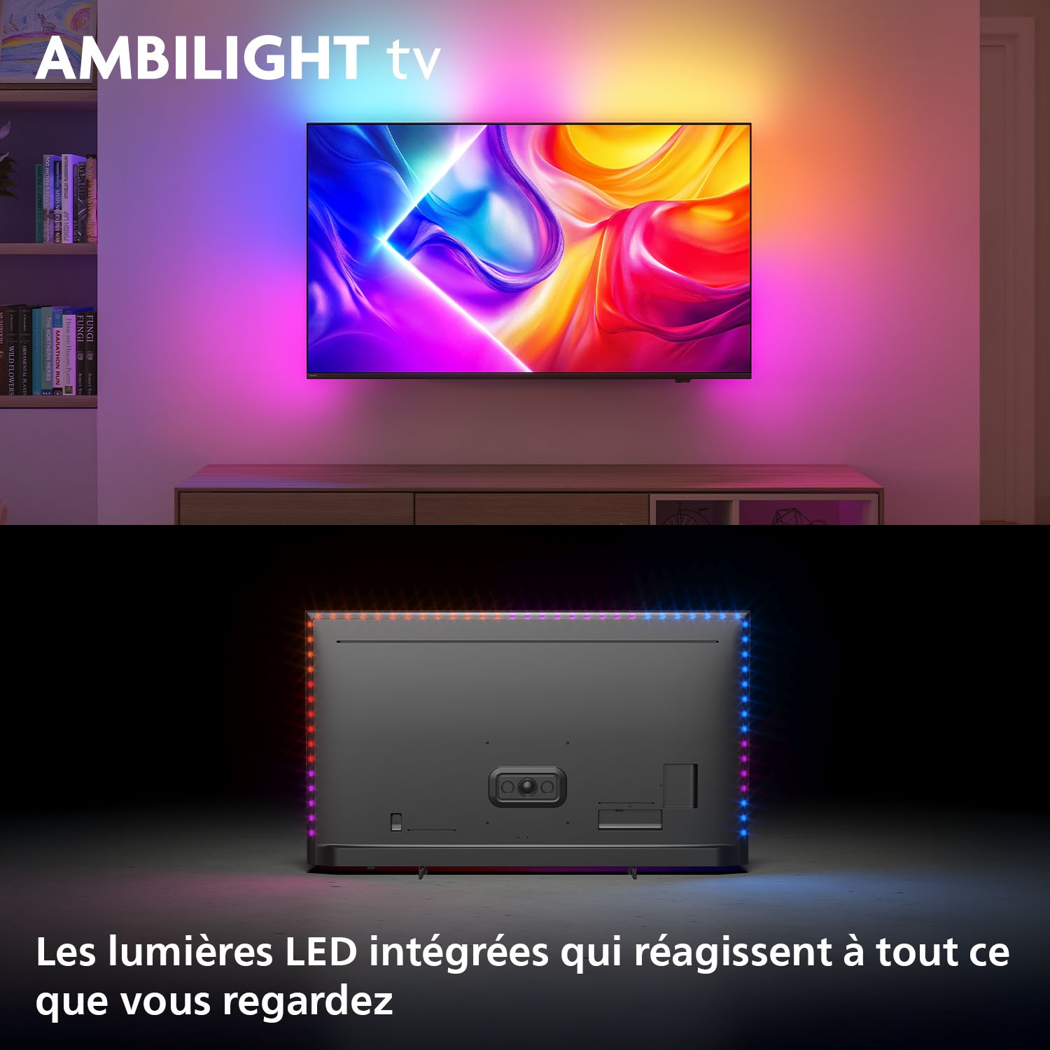 Téléviseur avec Ambilight. Arrière du téléviseur avec des lumières LED.
