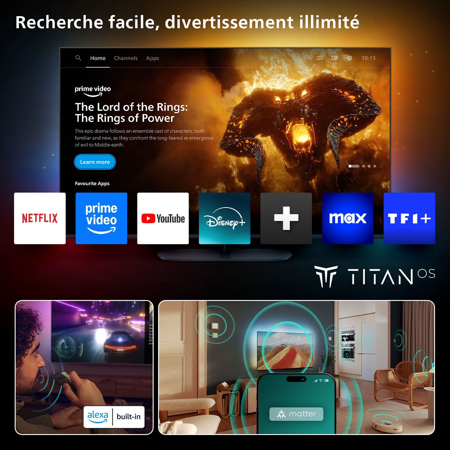 Écran de télévision montrant une interface avec des applications, et une personne interagissant avec la télécommande.