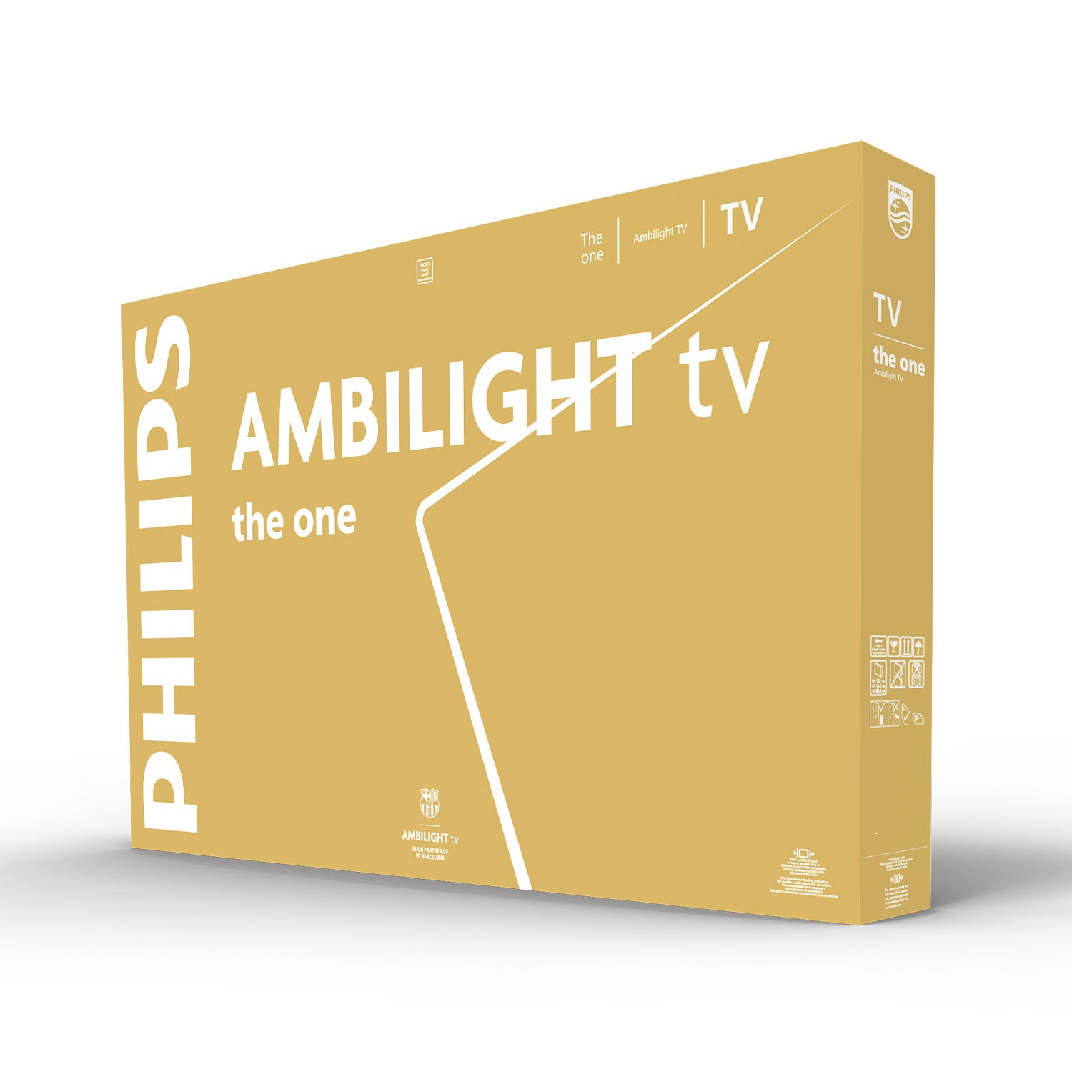 Boîte TV Philips Ambilight dorée avec texte et logos.
