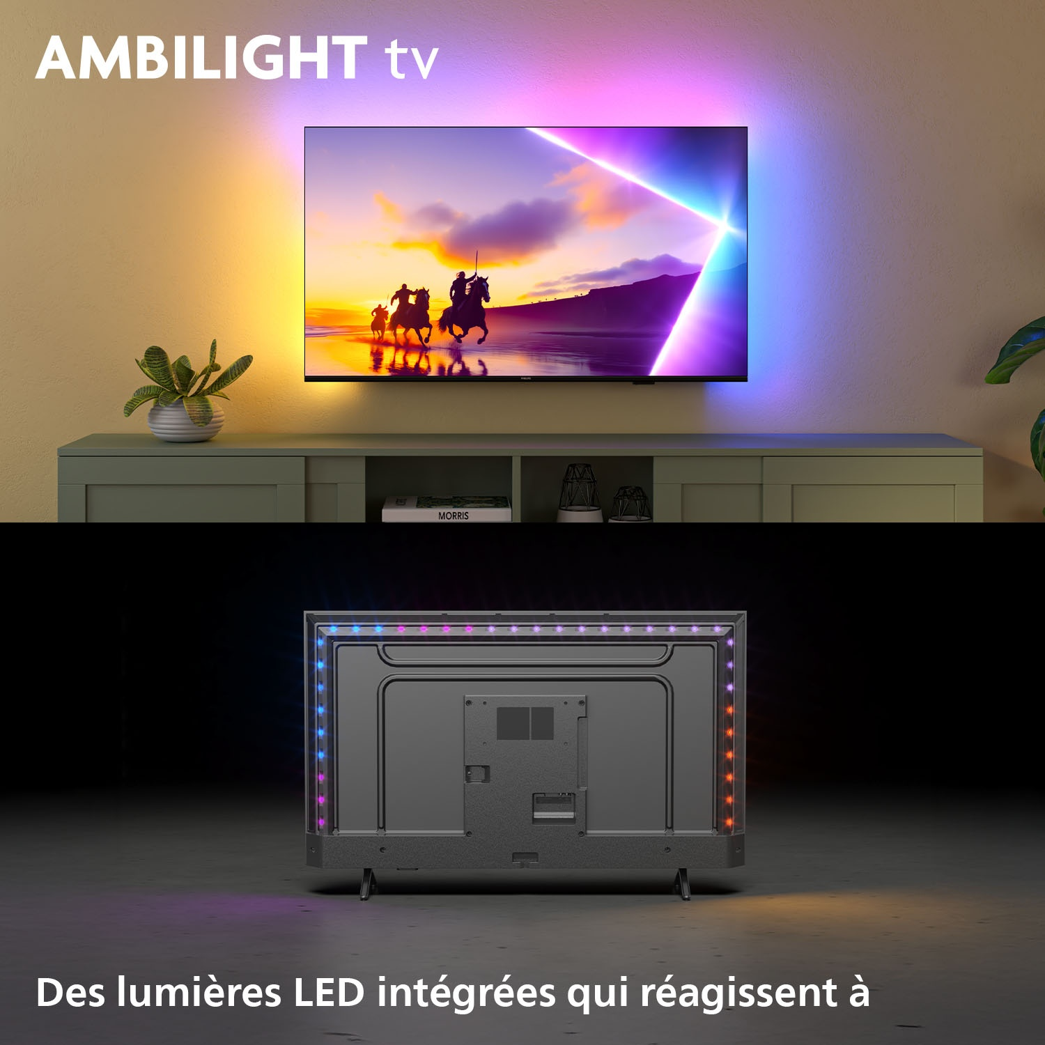 Téléviseur avec Ambilight, avec une image de coucher de soleil et du texte.