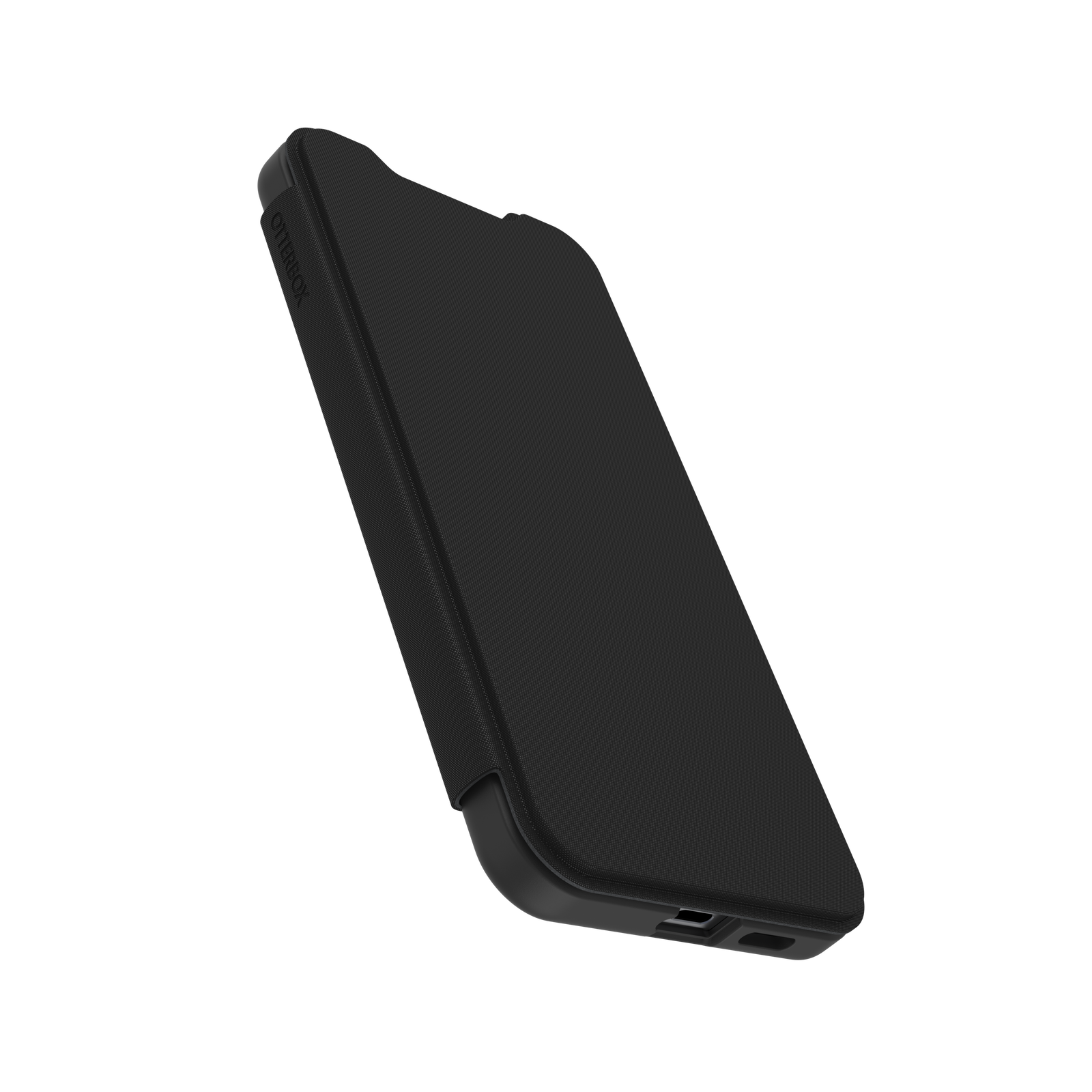 Fekete telefontok fekete háttéren. A tok nyitva van.