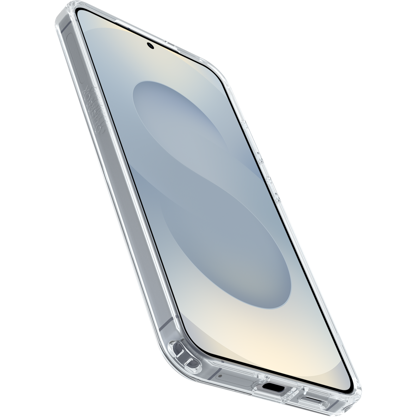 Átlátszó telefontok, ferdén, bemutatva a telefon képernyőjét. A tok átlátszó.