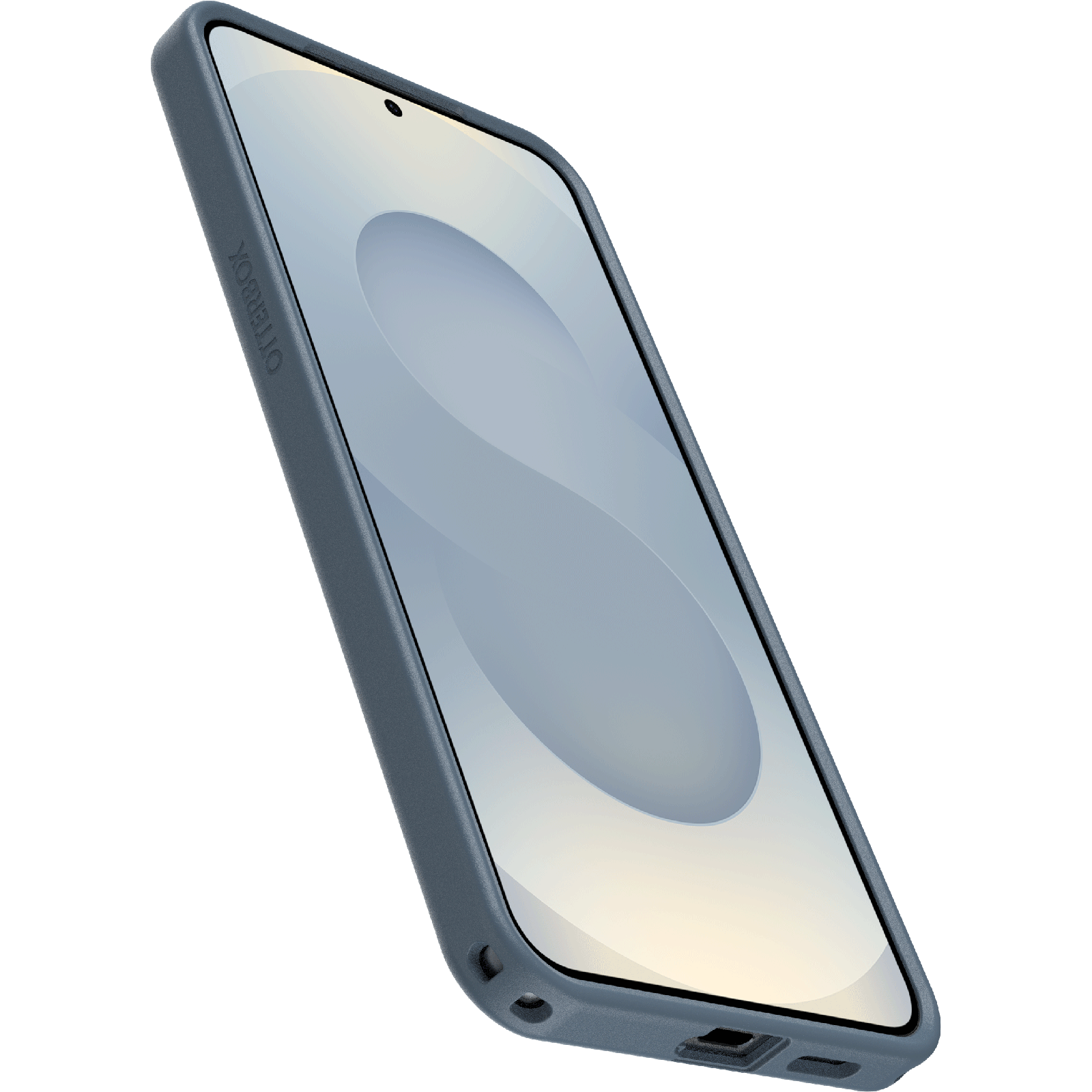 Kék telefontok a telefonon, a képernyőt mutatja, fekete felületen ferdén.