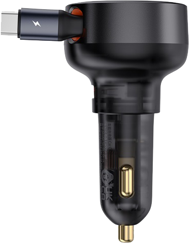 Egy fekete autós töltőadapter. Van rajta egy USB-C port és egy villám szimbólum.