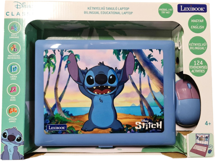 Kék Lexibook laptop játék Stitch grafikával. Egérrel és angol nyelvű szöveggel ellátott dobozzal.
