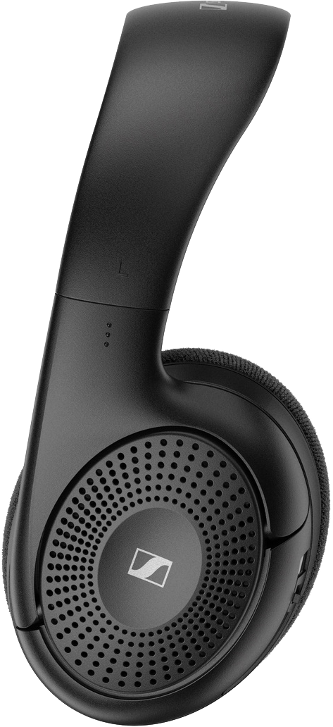 Fekete Sennheiser fejhallgató kerek fülhallgatókkal, oldalnézet.