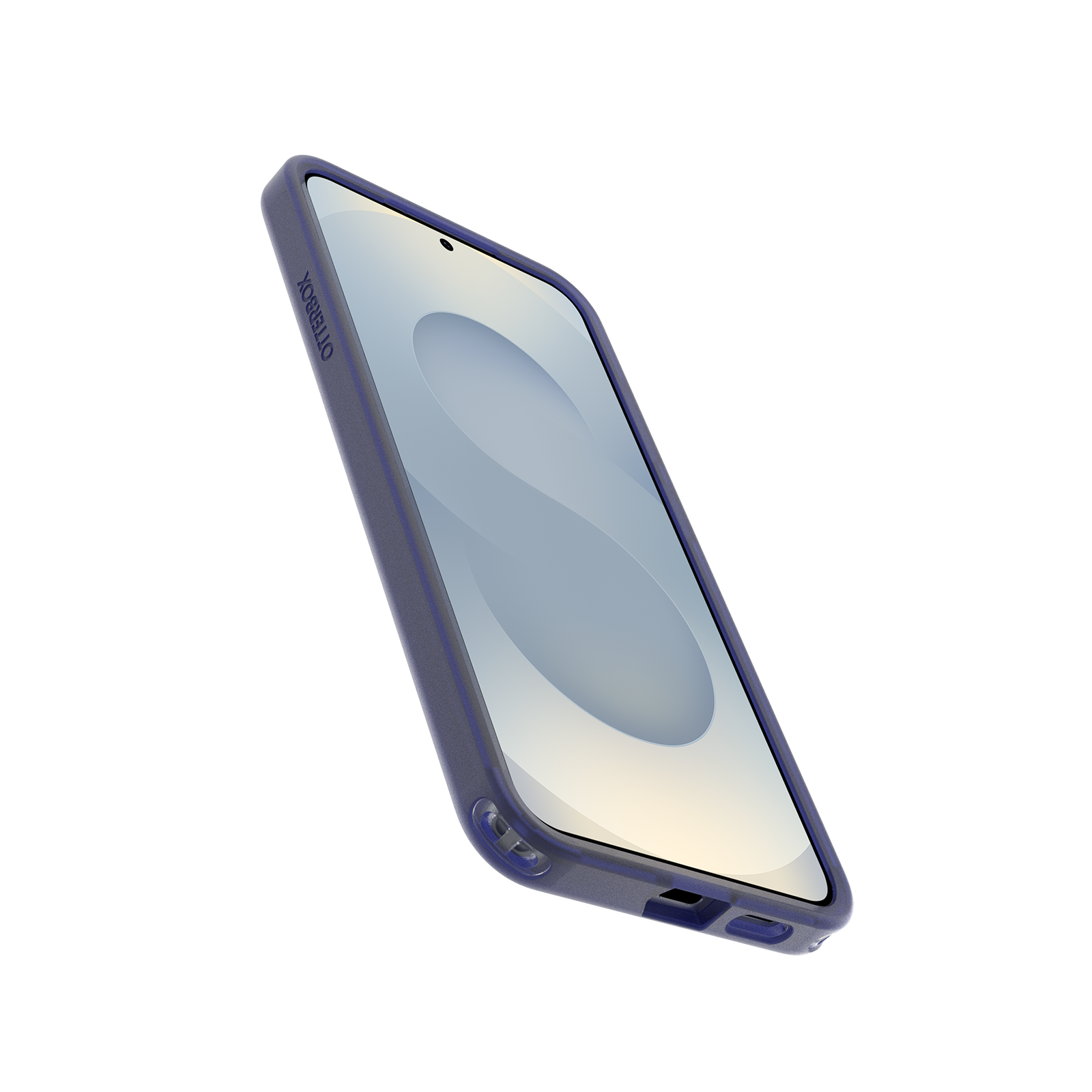 Telefon sötétkék tokban. A telefon képernyője világos színű. Fekete háttér.