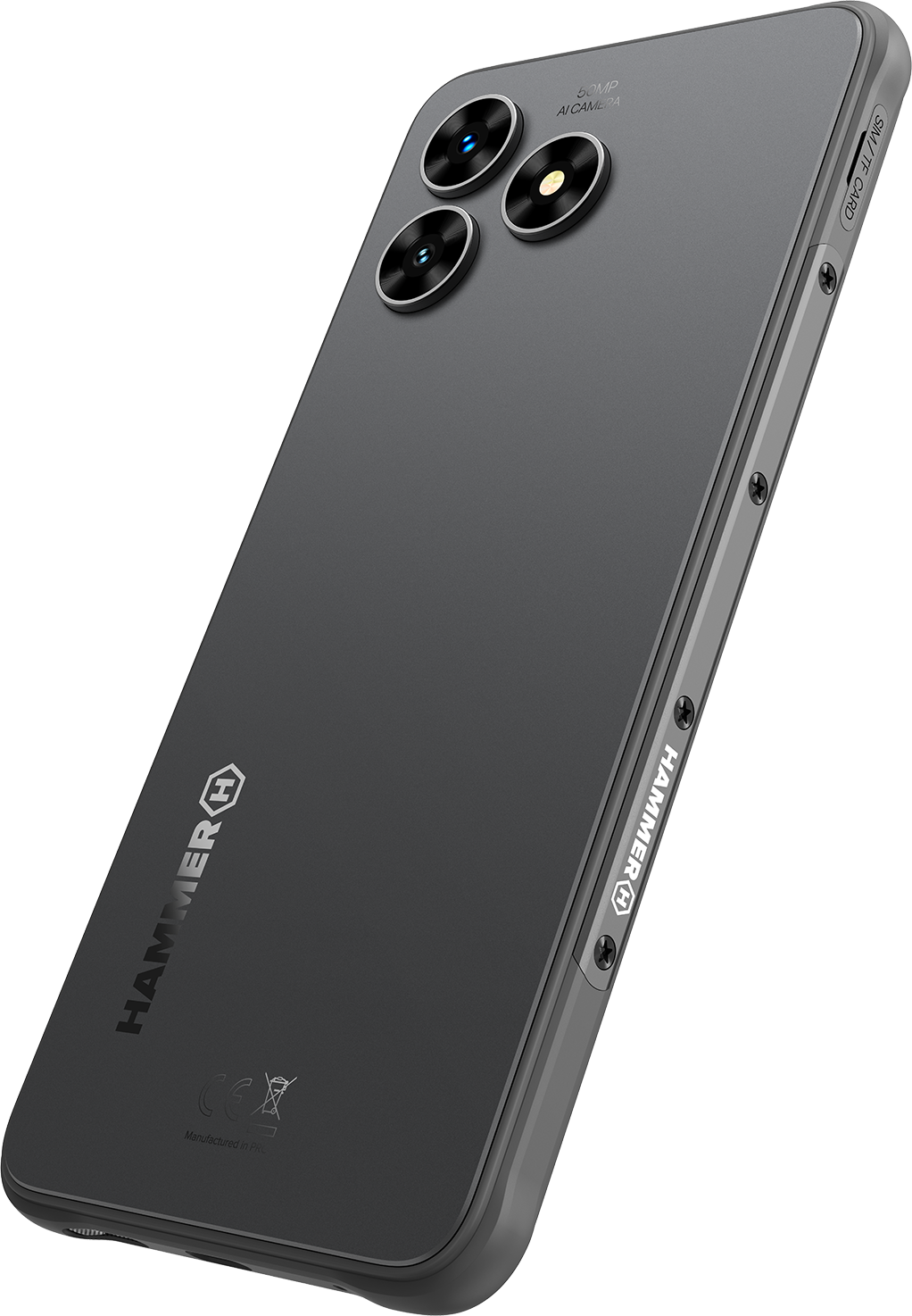 Egy fekete telefon három kamerával a hátulján. A telefon szürke fém kerettel rendelkezik.