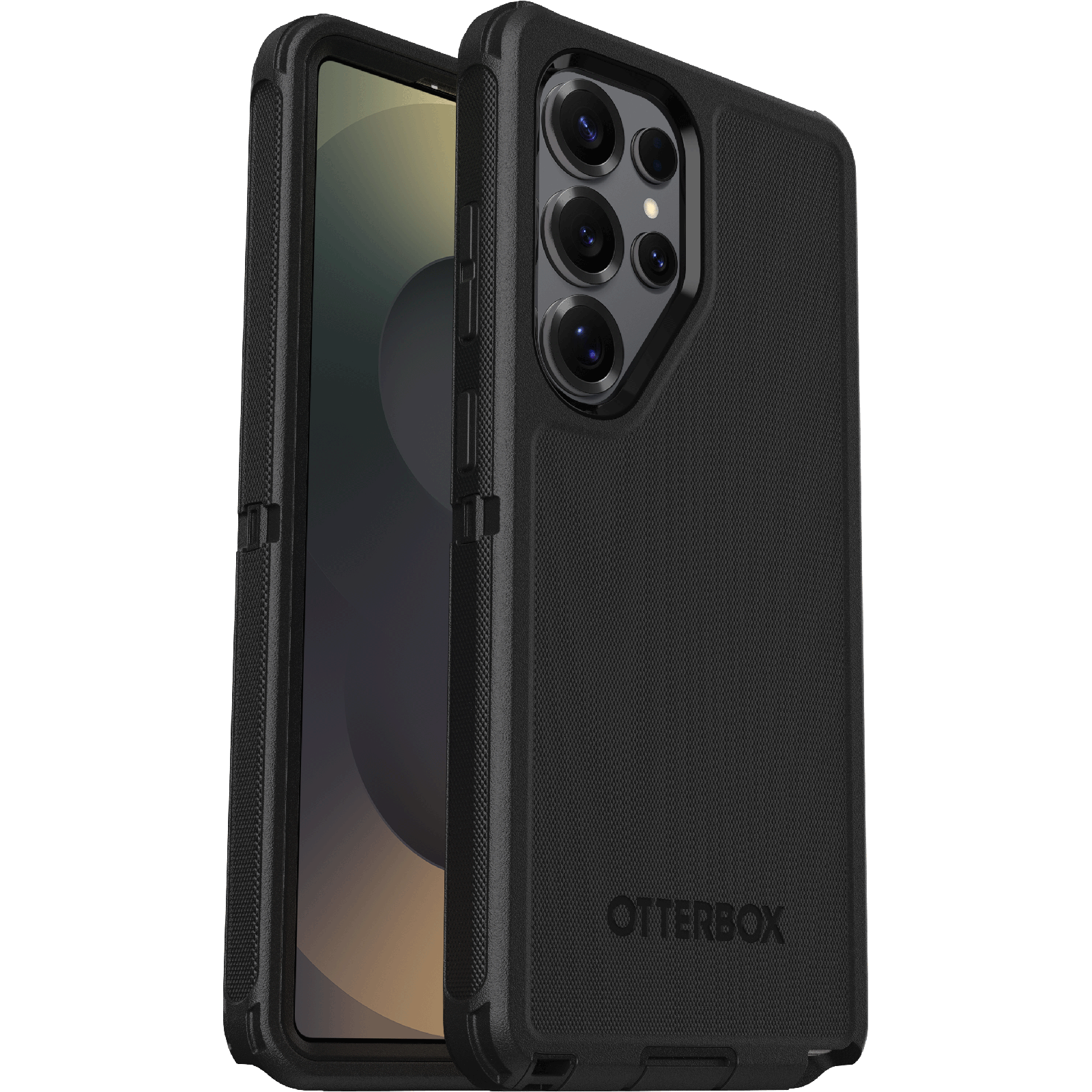 Fekete telefon Otterbox tokban, látható képernyővel. Otterbox logó a tokon.