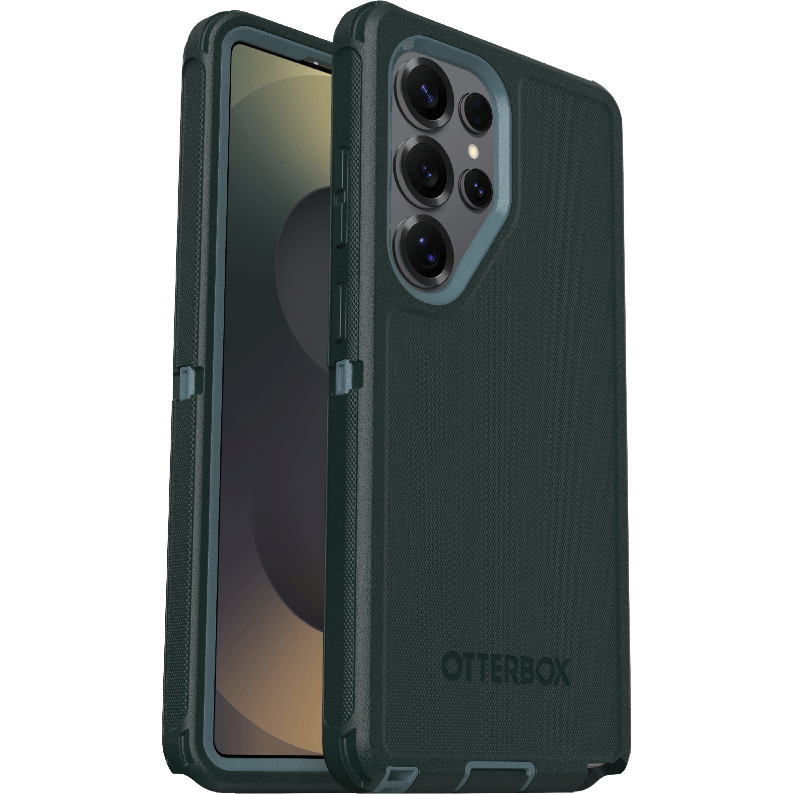 Sötétzöld telefontok, három kamerával. Otterbox logó jobb alsó sarokban.