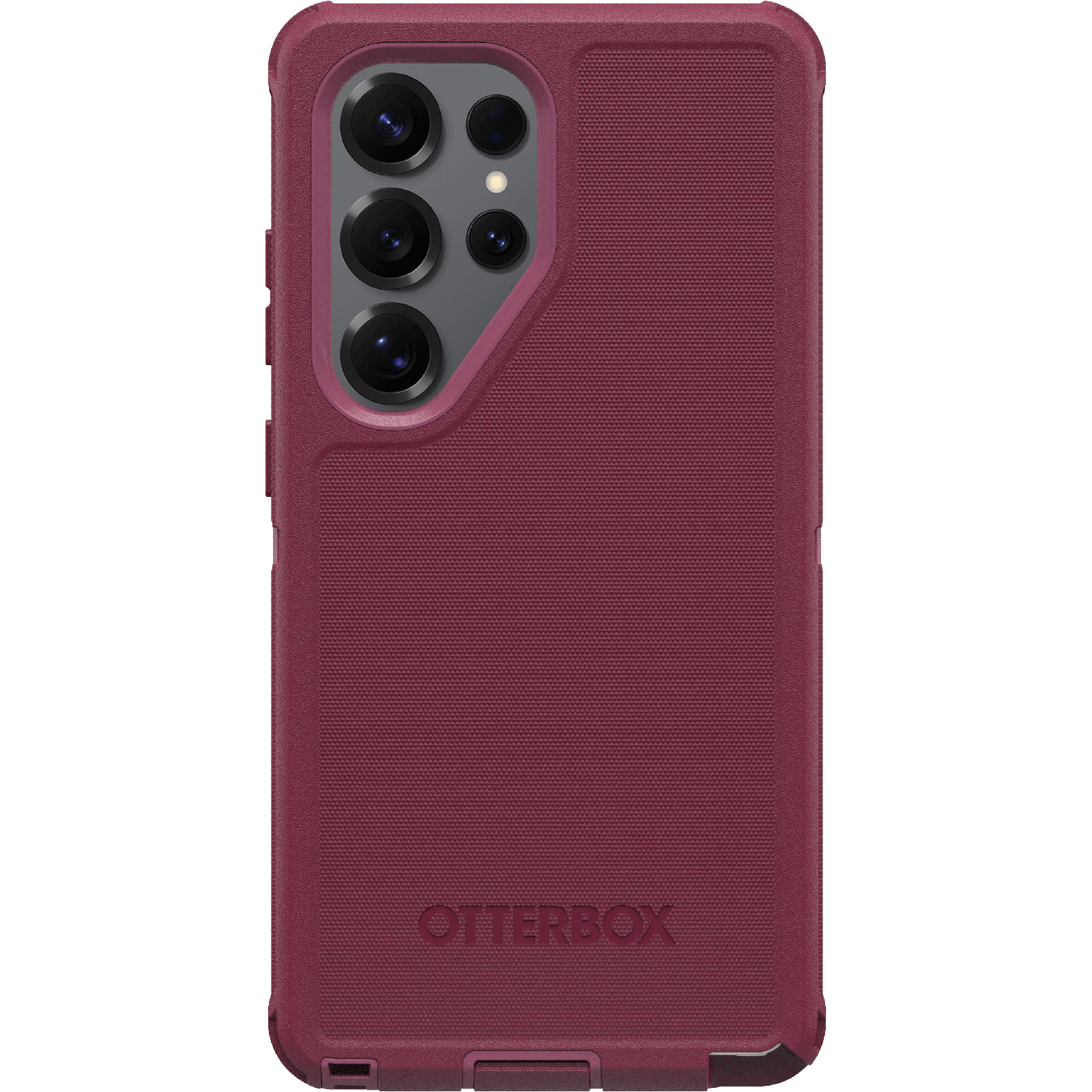 Egy bordó Otterbox tok telefonhoz. A tok textúrált hátú és több kamera lencséje van.