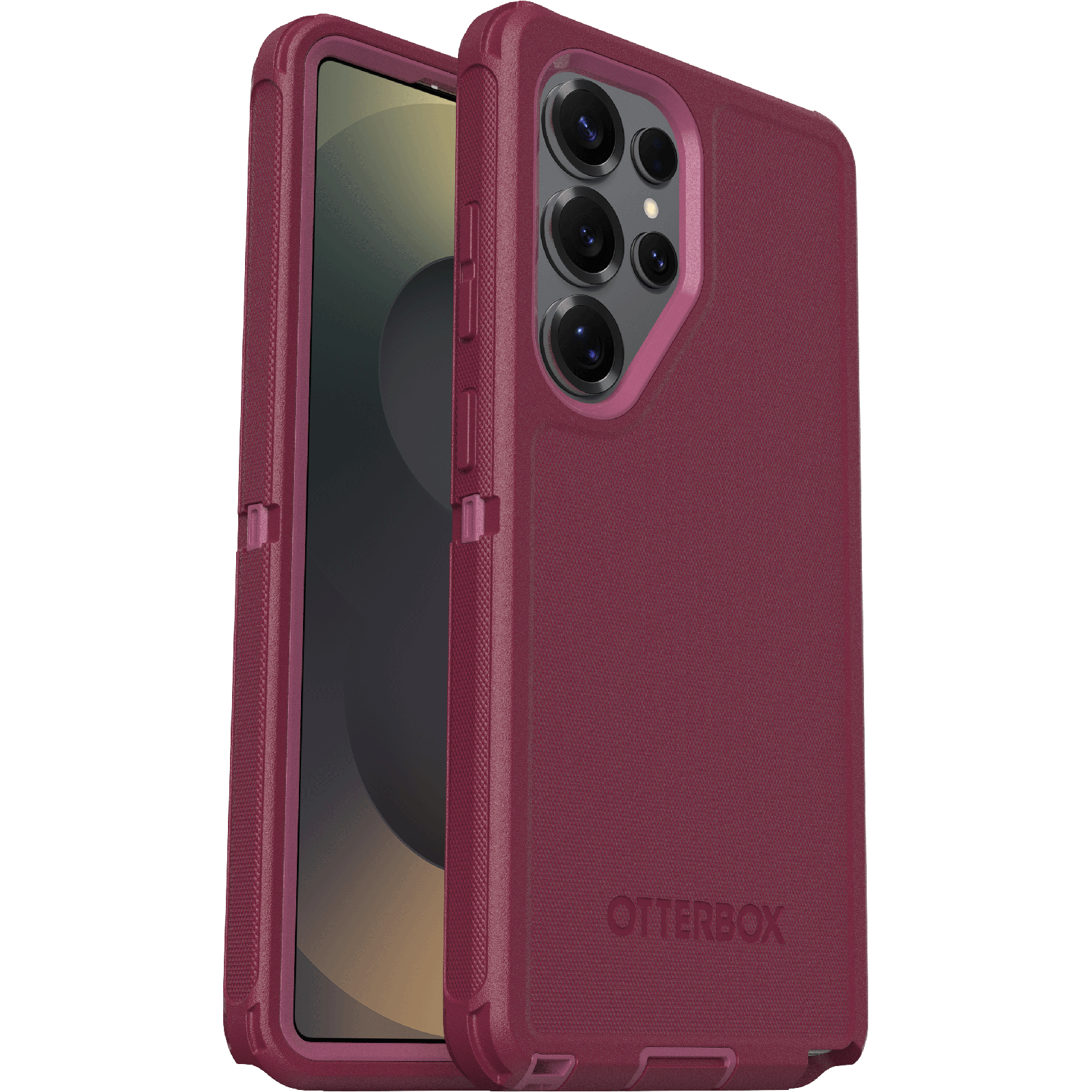 Egy bordó telefontok egy telefonnal benne. Látható az Otterbox logó.