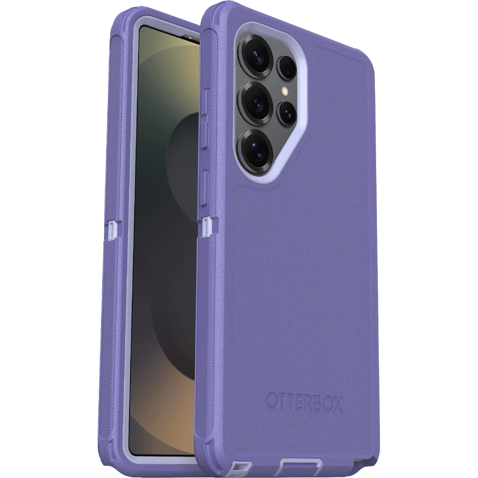 Lila telefon Otterbox tokban, látható képernyővel. A tokon Otterbox logó.