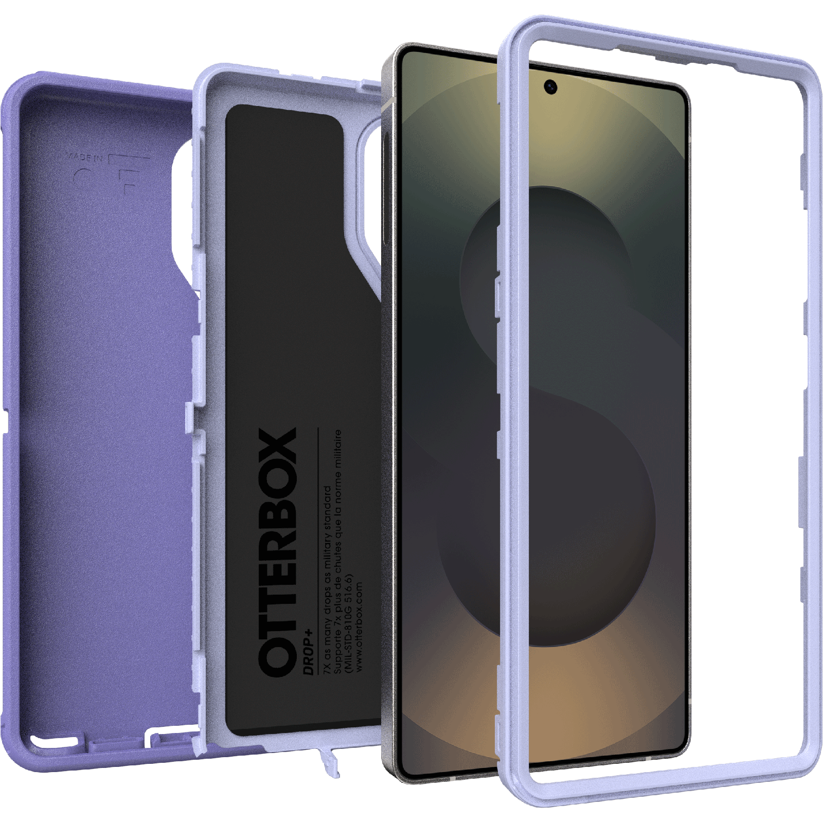 Szétszerelt telefontok. Lila, fekete és átlátszó műanyag rétegek egy telefont mutatnak. Otterbox logó látható.