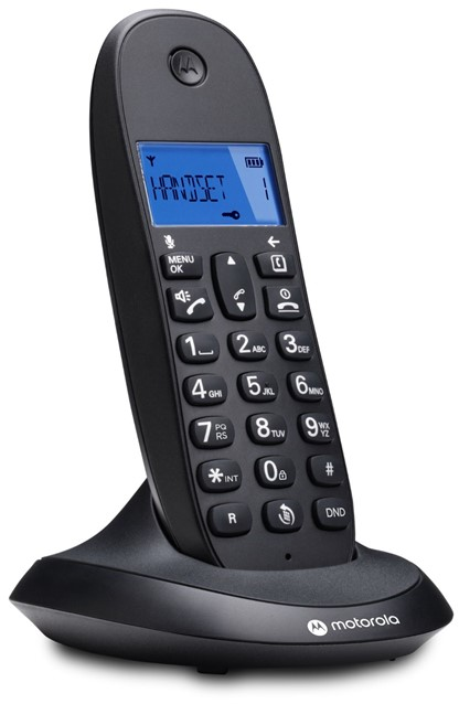 Motorola vezeték nélküli telefon. Fekete alap és kézibeszélő. A kijelzőn: 'Handset 1'.