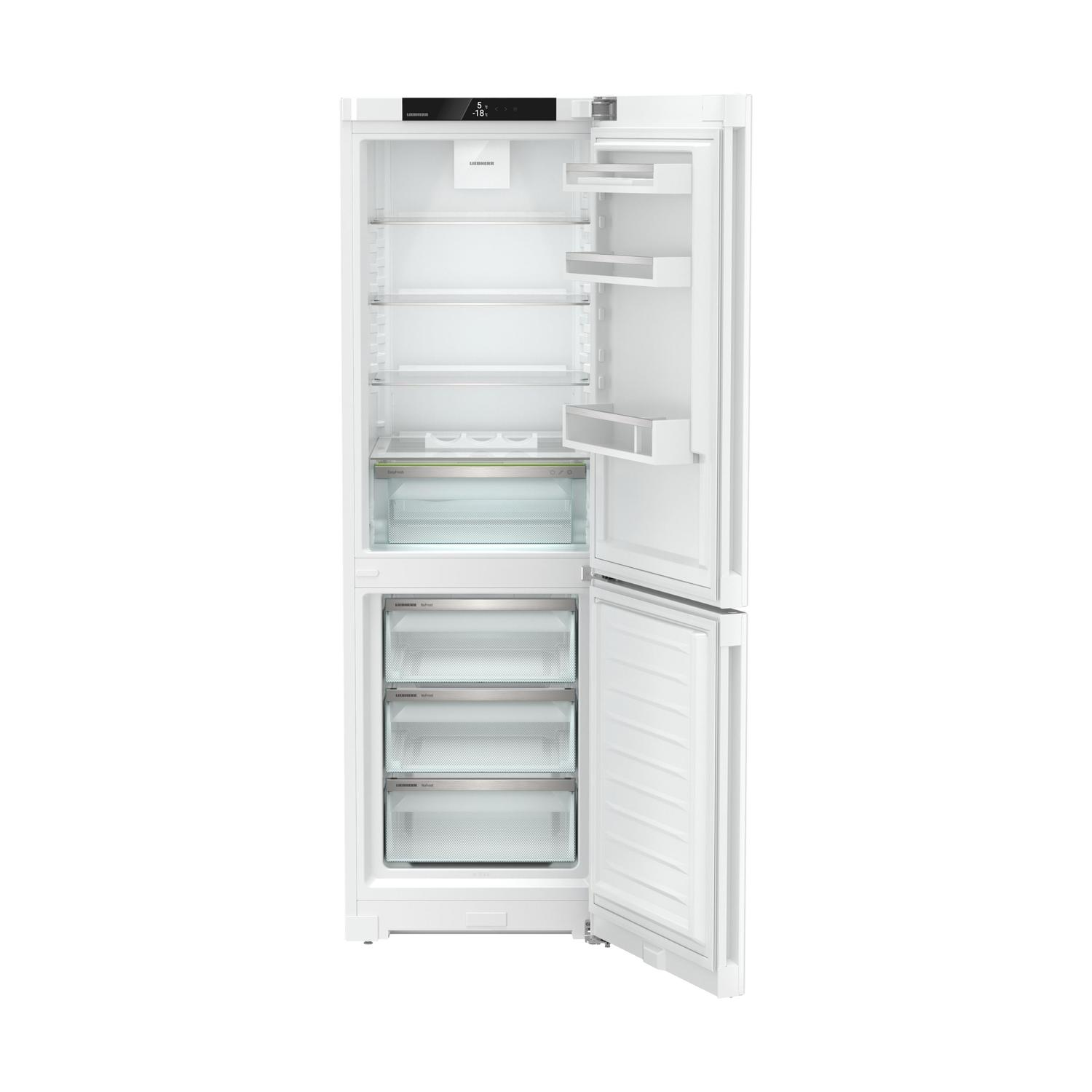 Frigorifero bianco con porta aperta. Ripiani e cassetti visibili. Interno illuminato.