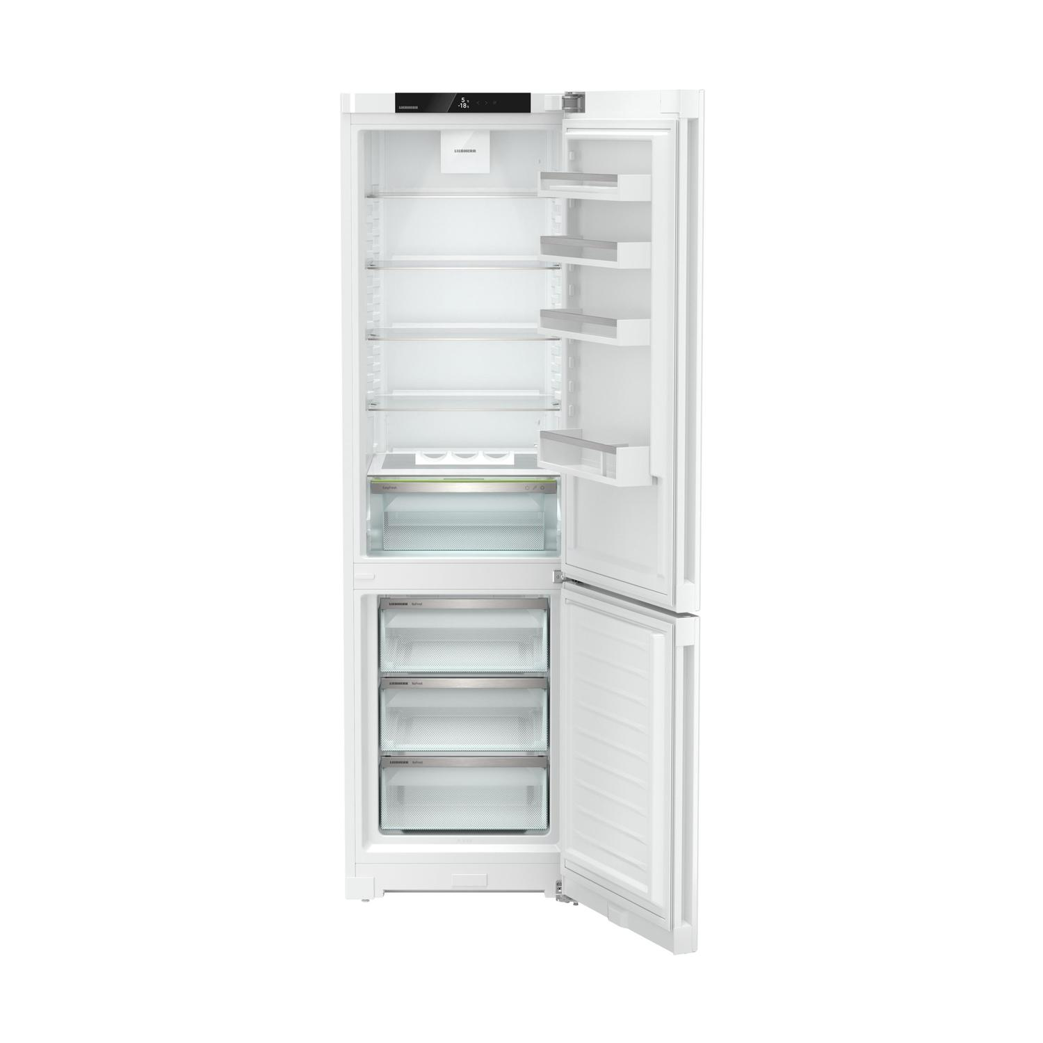 Frigorifero bianco con porta aperta. All'interno, ci sono ripiani, cassetti e una luce.