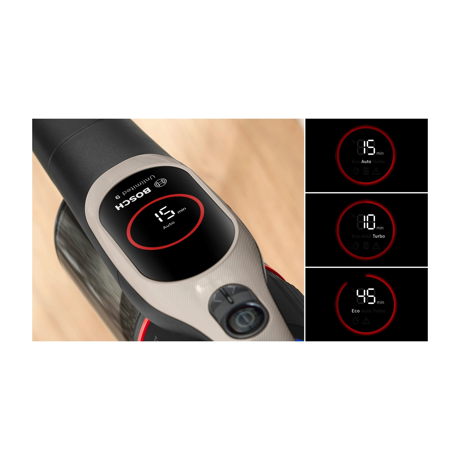 Primo piano del display di un aspirapolvere. Mostra l'autonomia della batteria. Mostra 15, 80 e 45 minuti. Rosso e nero.