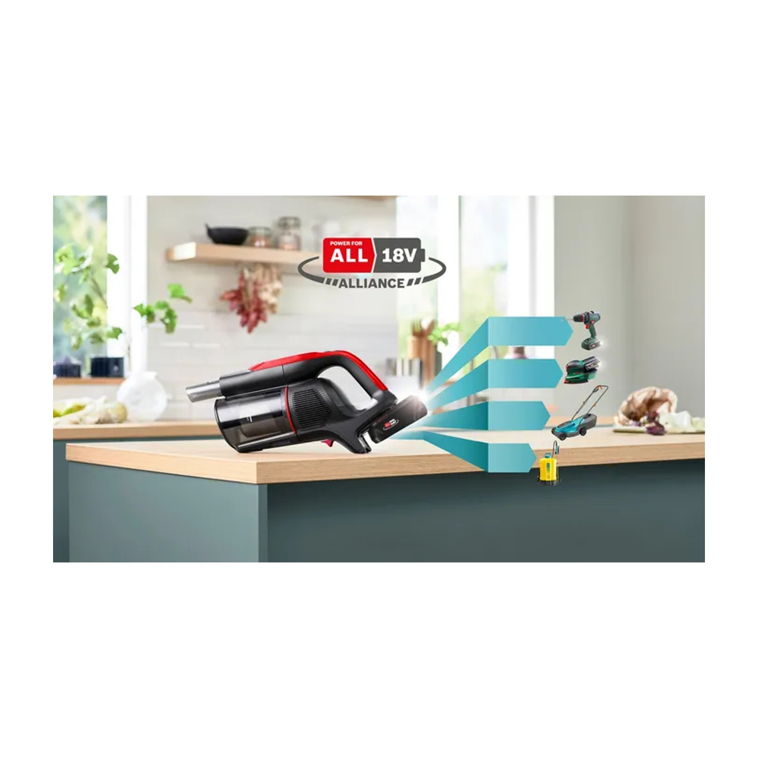 Un aspirapolvere rosso e nero con accessori e altri strumenti con il logo 'Power for All 18V'.