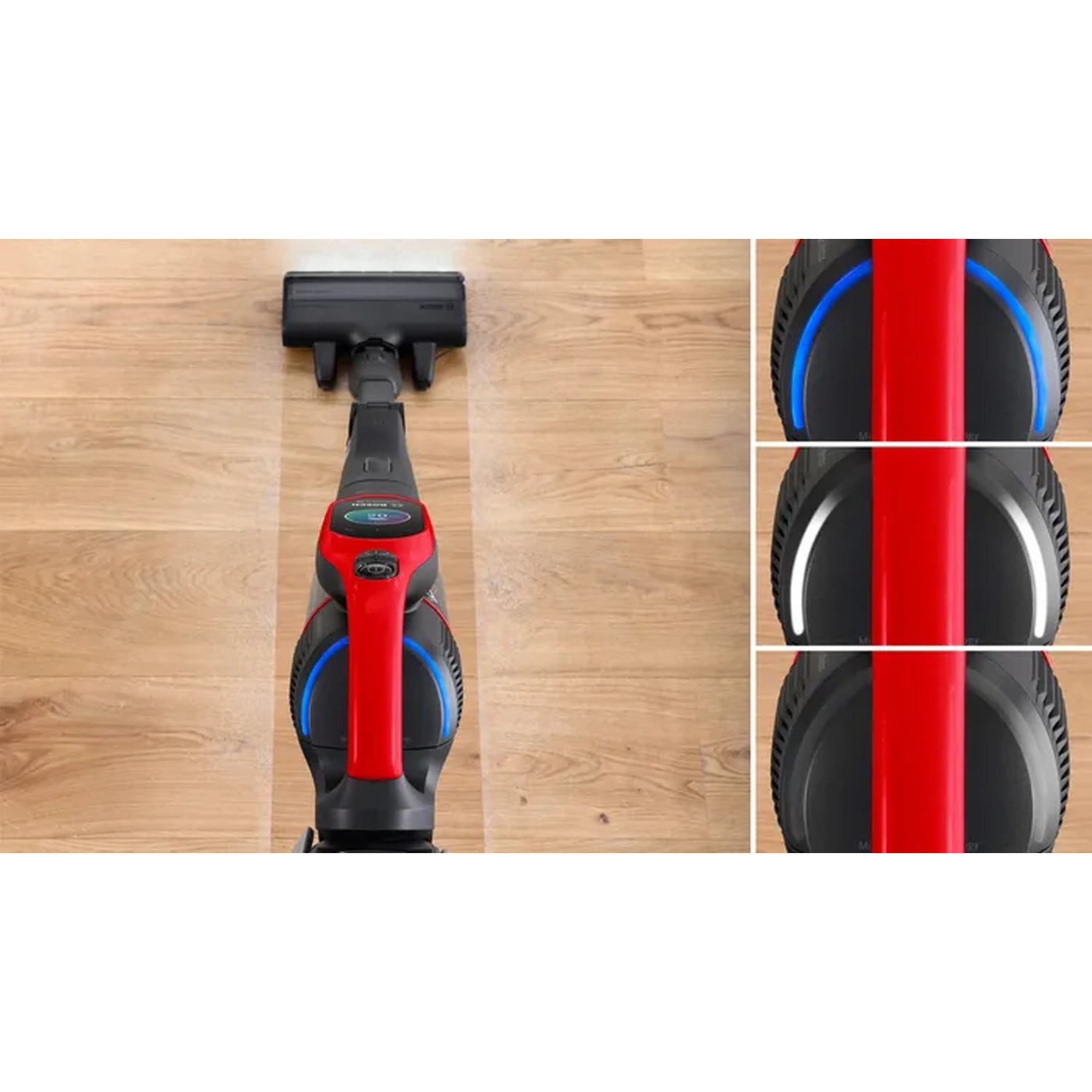 Un aspirapolvere senza fili su un pavimento in legno. Le luci rosse e blu sono accese.