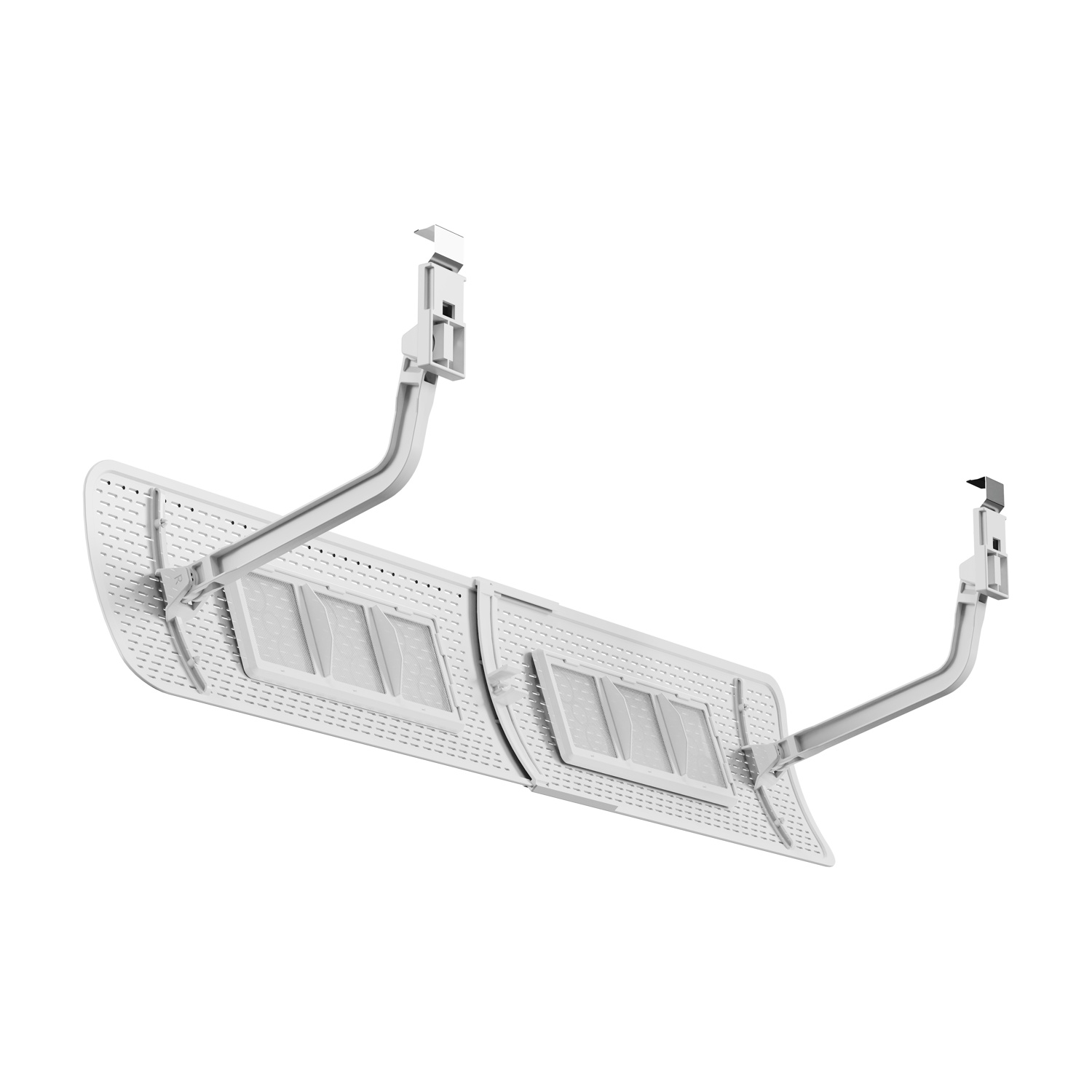 Apparecchio di illuminazione a soffitto bianco, con due pannelli luminosi rettangolari e bracci di supporto curvi.