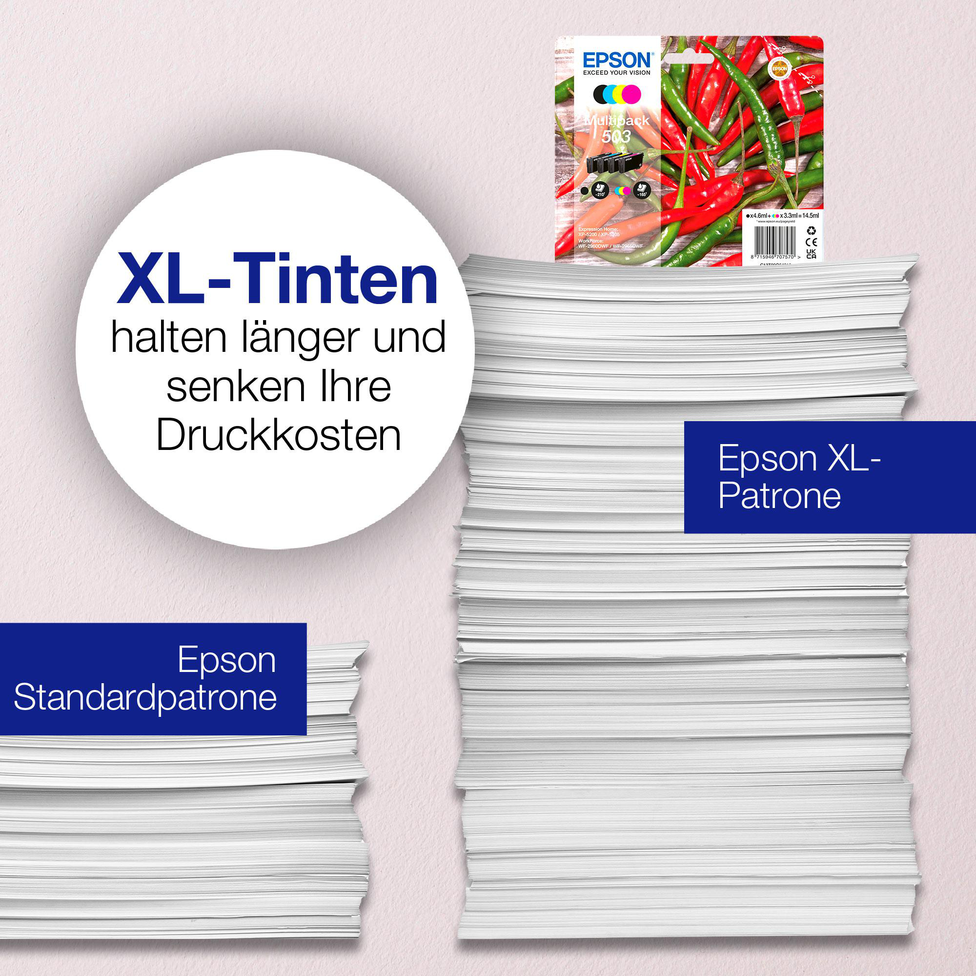 Epson-Drucker-Tintenpatronen mit einem Stapel Papier.