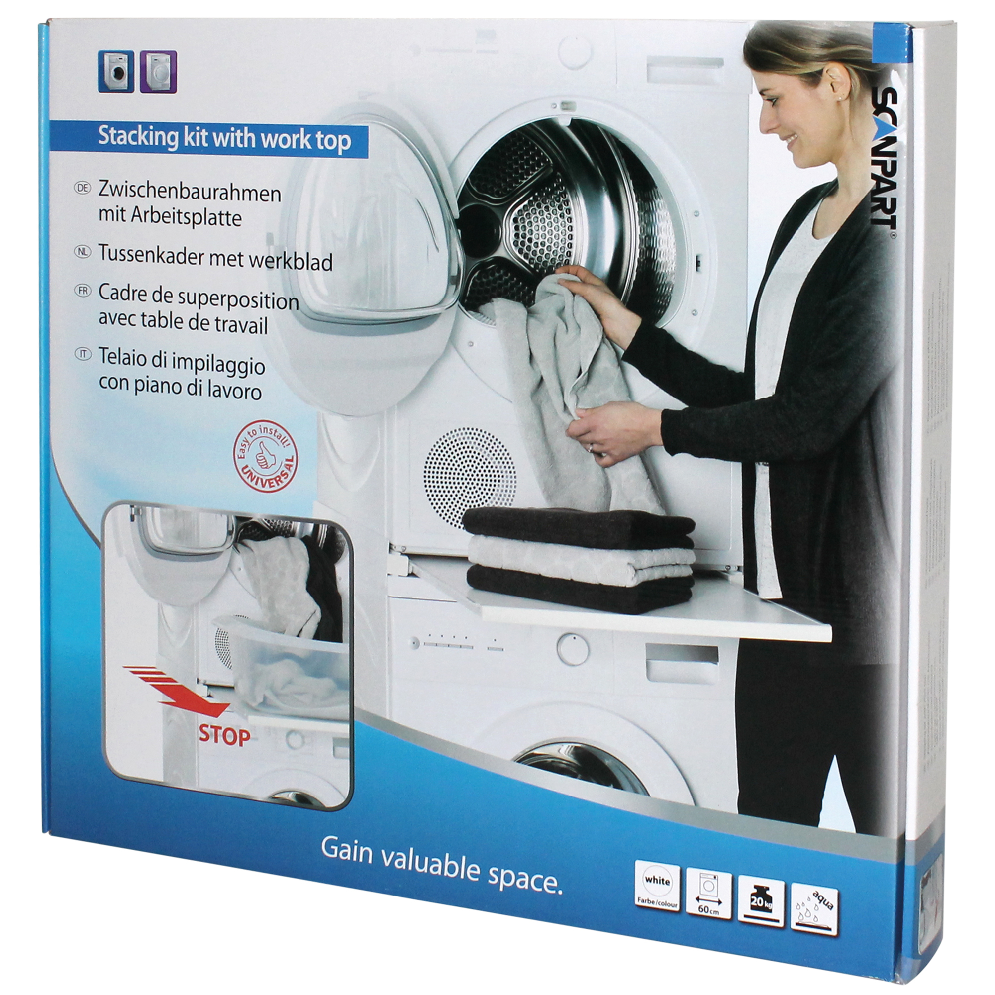 Un kit de apilamiento con encimera para lavadora y secadora.