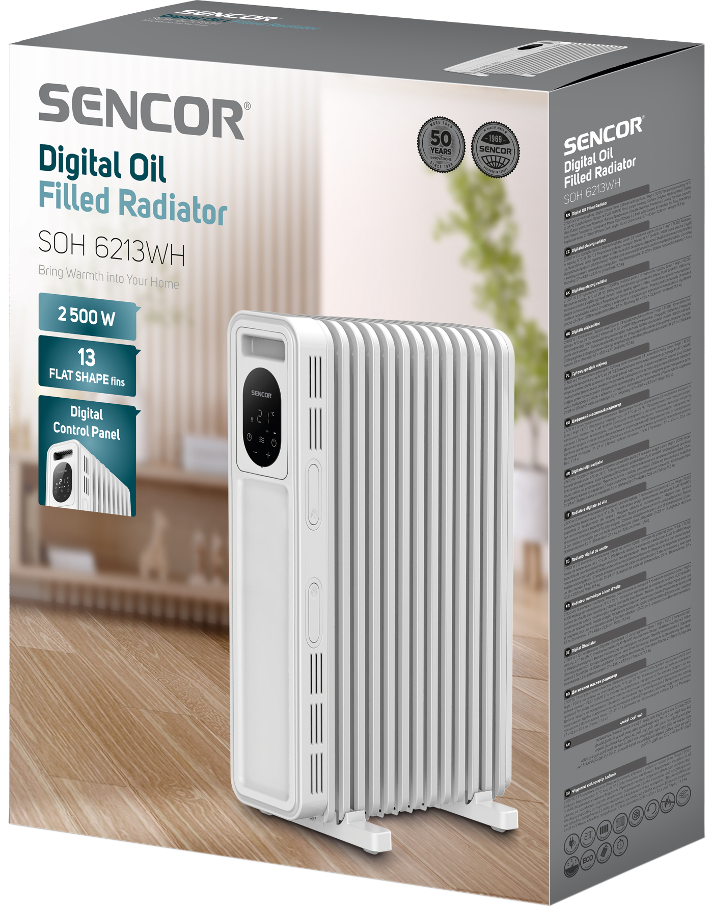 Fehér SENCOR digitális olajradiátor. Szöveg a dobozon: 2500W, 13 lapos borda, digitális vezérlőpanel.