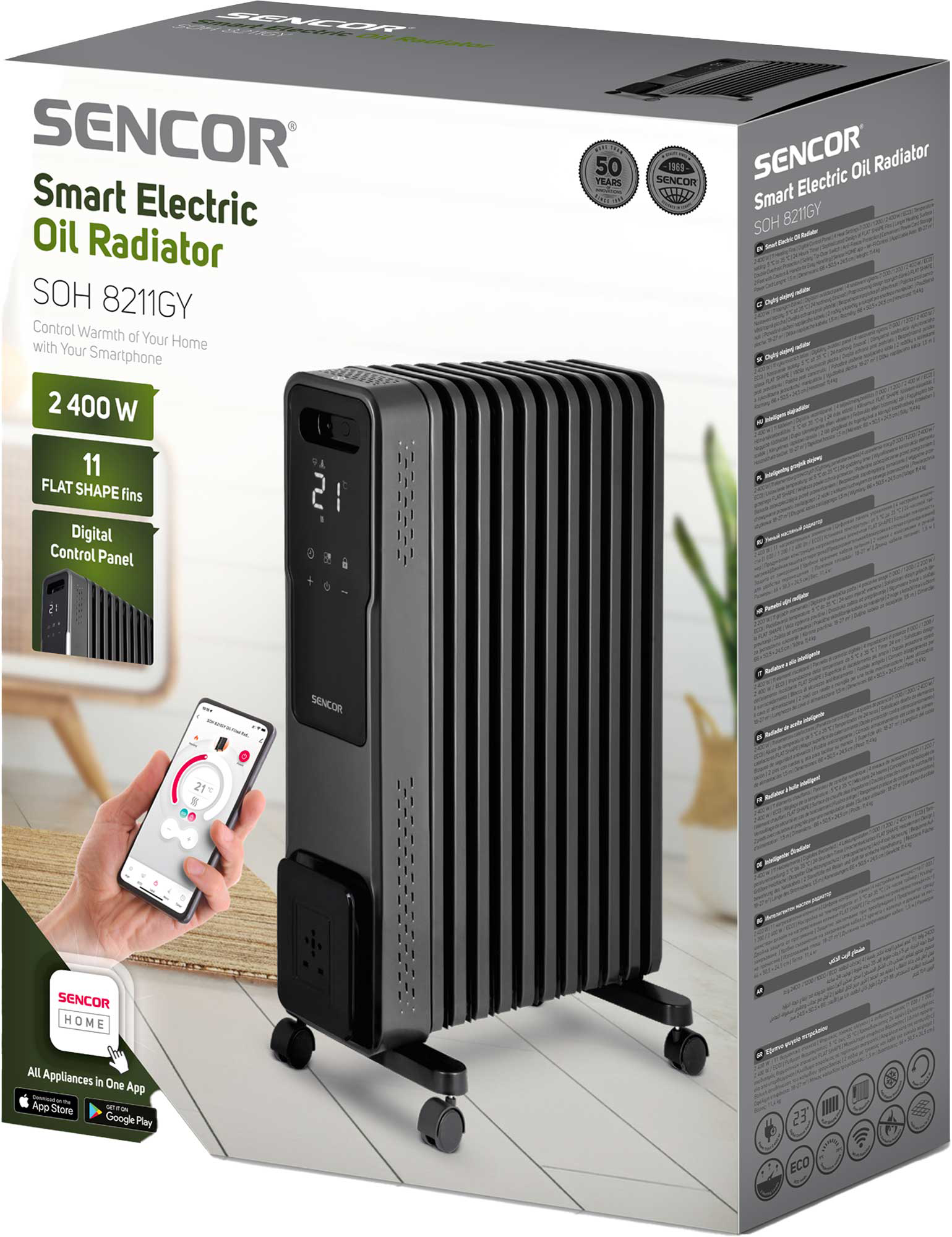 Fekete okos elektromos olajradiátor digitális vezérlőpanellel és okostelefonnal.