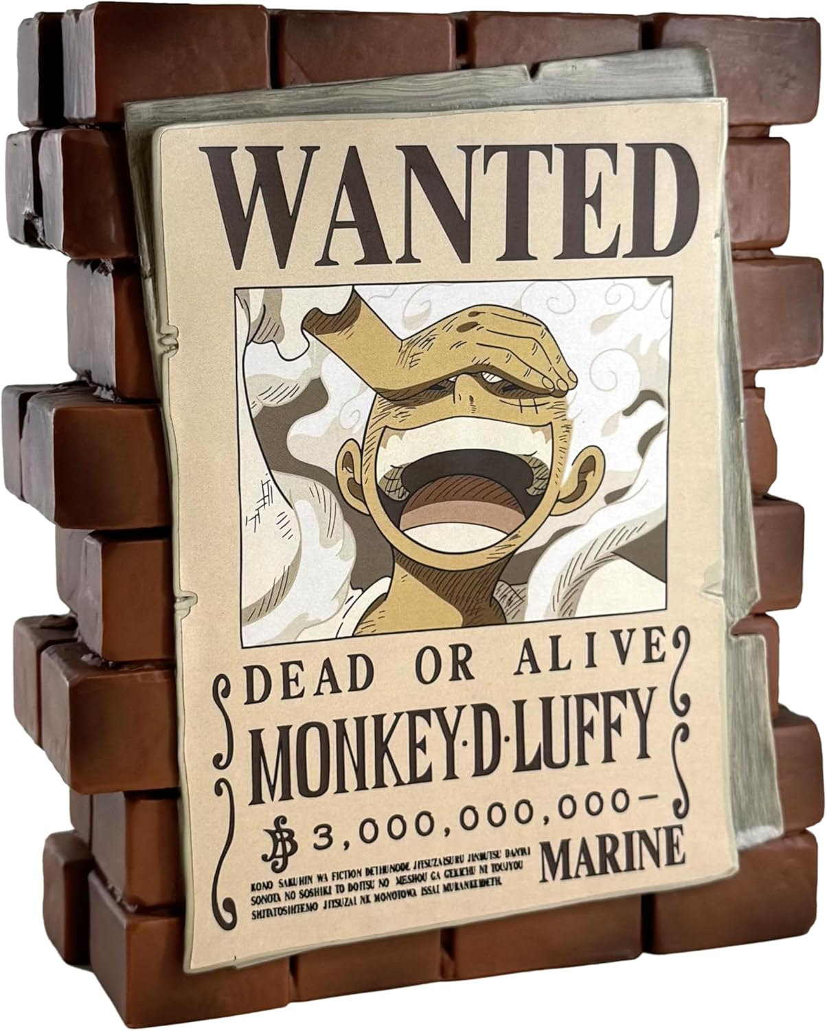 One Piece Wanted-Poster von Monkey D. Ruffy. Das Poster an einer Ziegelmauer, 3 Milliarden Kopfgeld.
