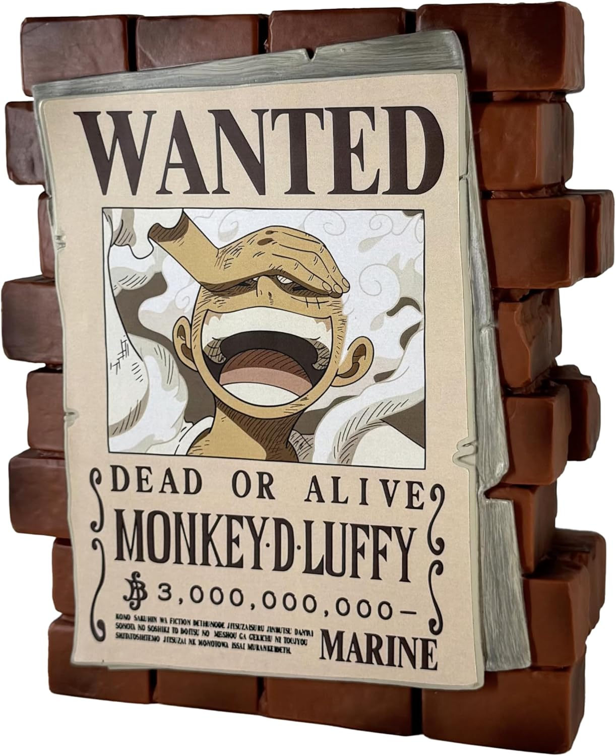 Gesuchter-Poster mit Monkey D. Luffy auf einer Ziegelmauer.