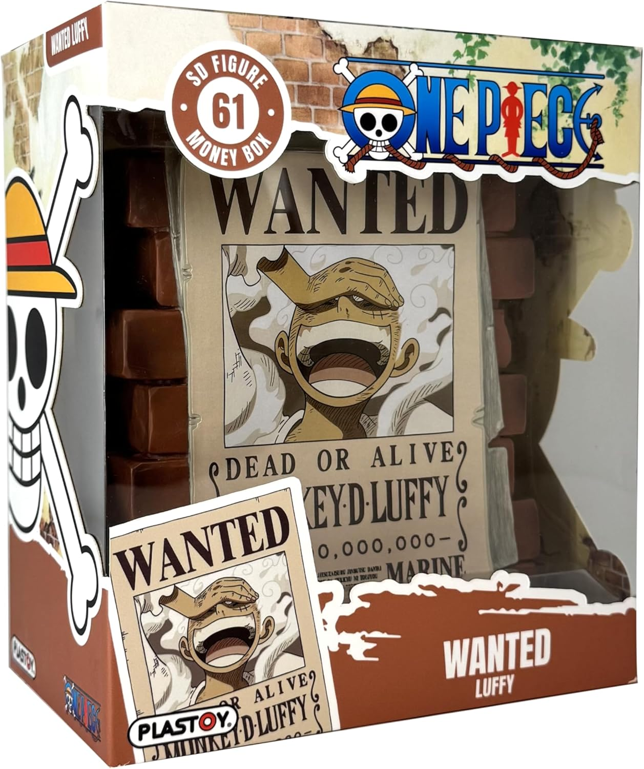 Eine One Piece Spardose. Mit einem Luffy Wanted Poster Design, in einer Einzelhandelsverpackung.
