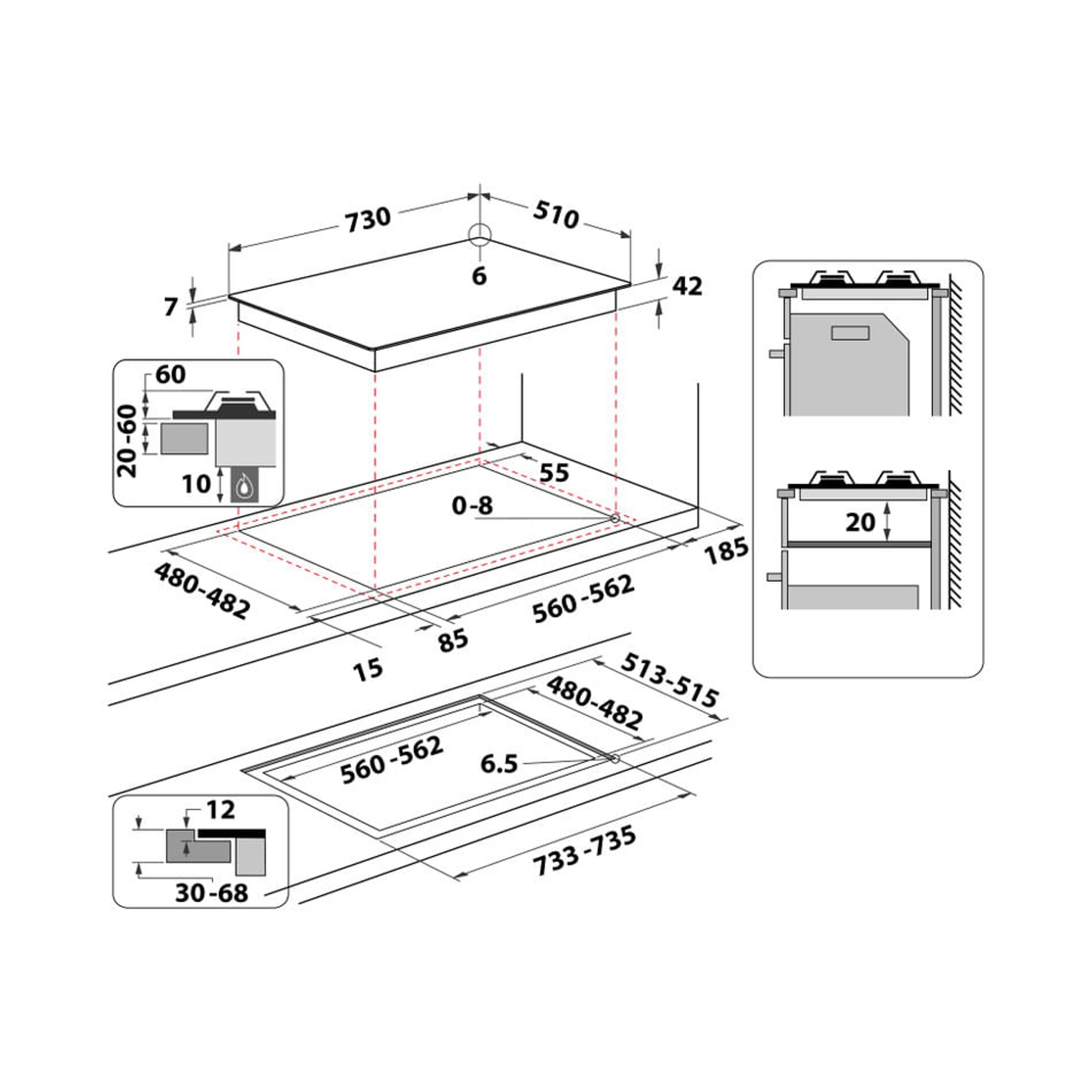 Schema di un piano cottura a incasso, che mostra le dimensioni e le dimensioni di taglio. Include viste dall'alto e laterali per l'installazione.