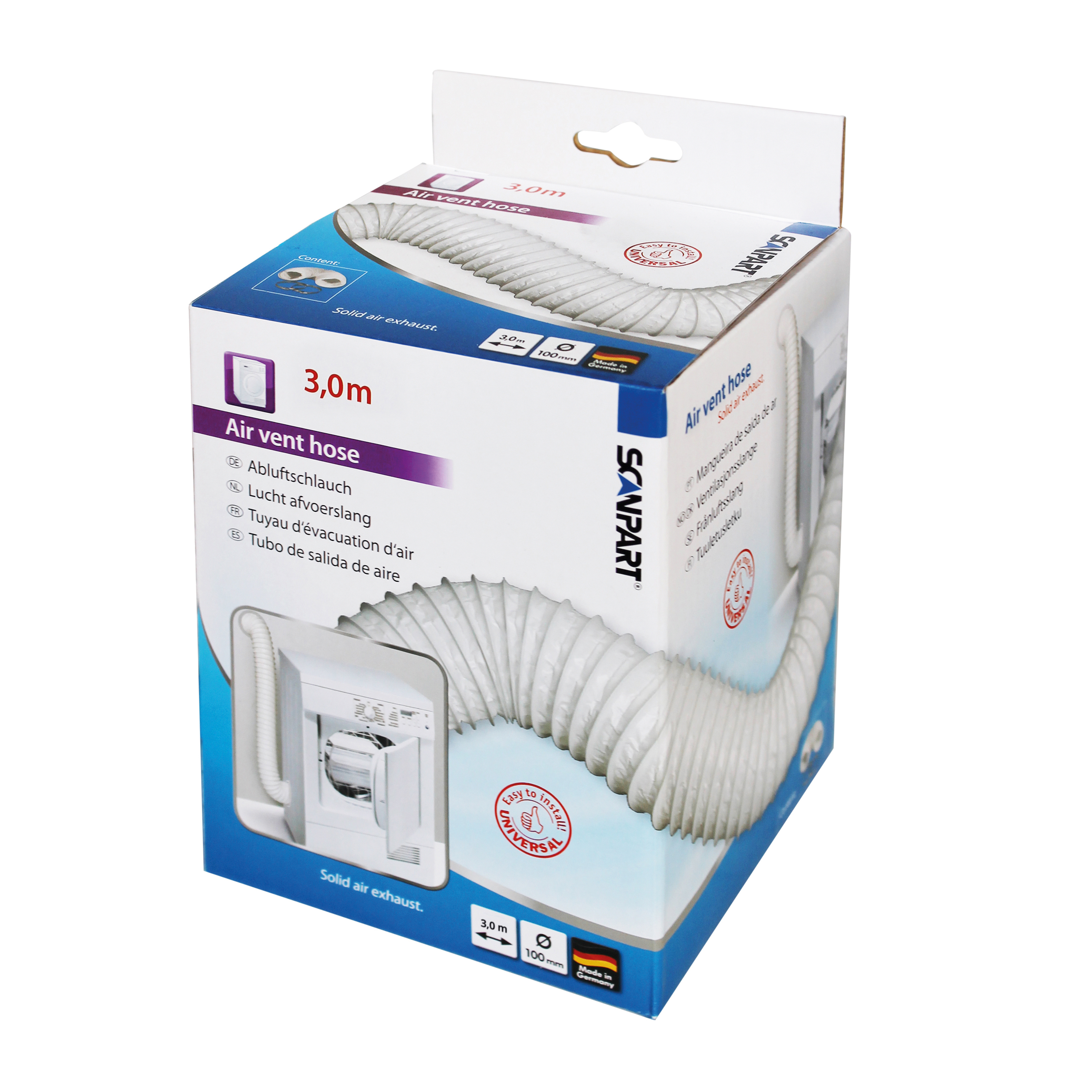 Manguera de ventilación de aire blanca en caja. La caja dice: Manguera 3.0m, escape de aire sólido, Scanpart.