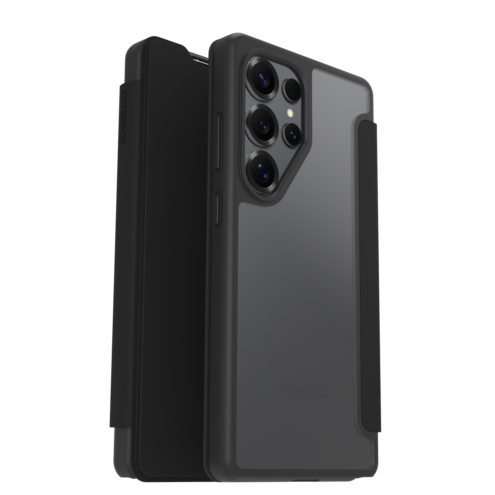 Fekete OtterBox telefontok egy telefonnal. A tok mágneses fedéllel rendelkezik, a telefonon kamerák vannak.