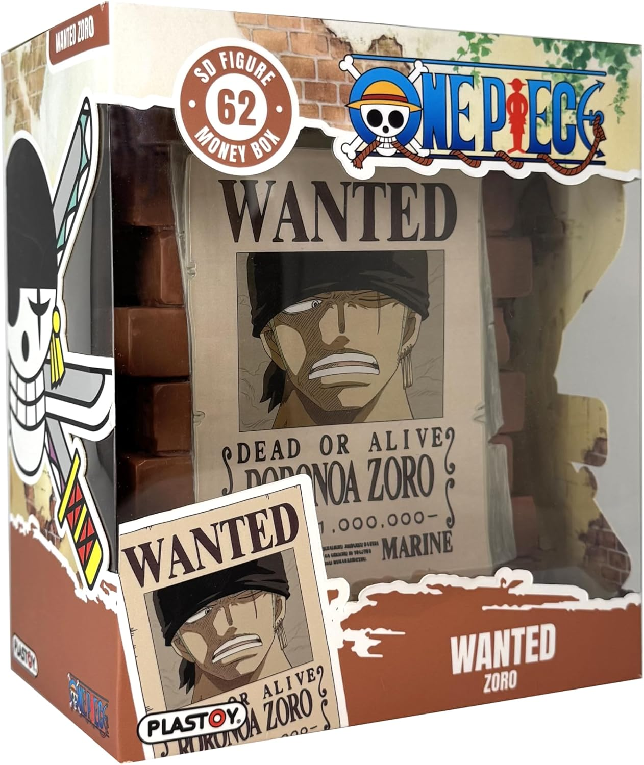 Eine One Piece Zoro Figur in einer Sammelbox mit Wanted-Poster.