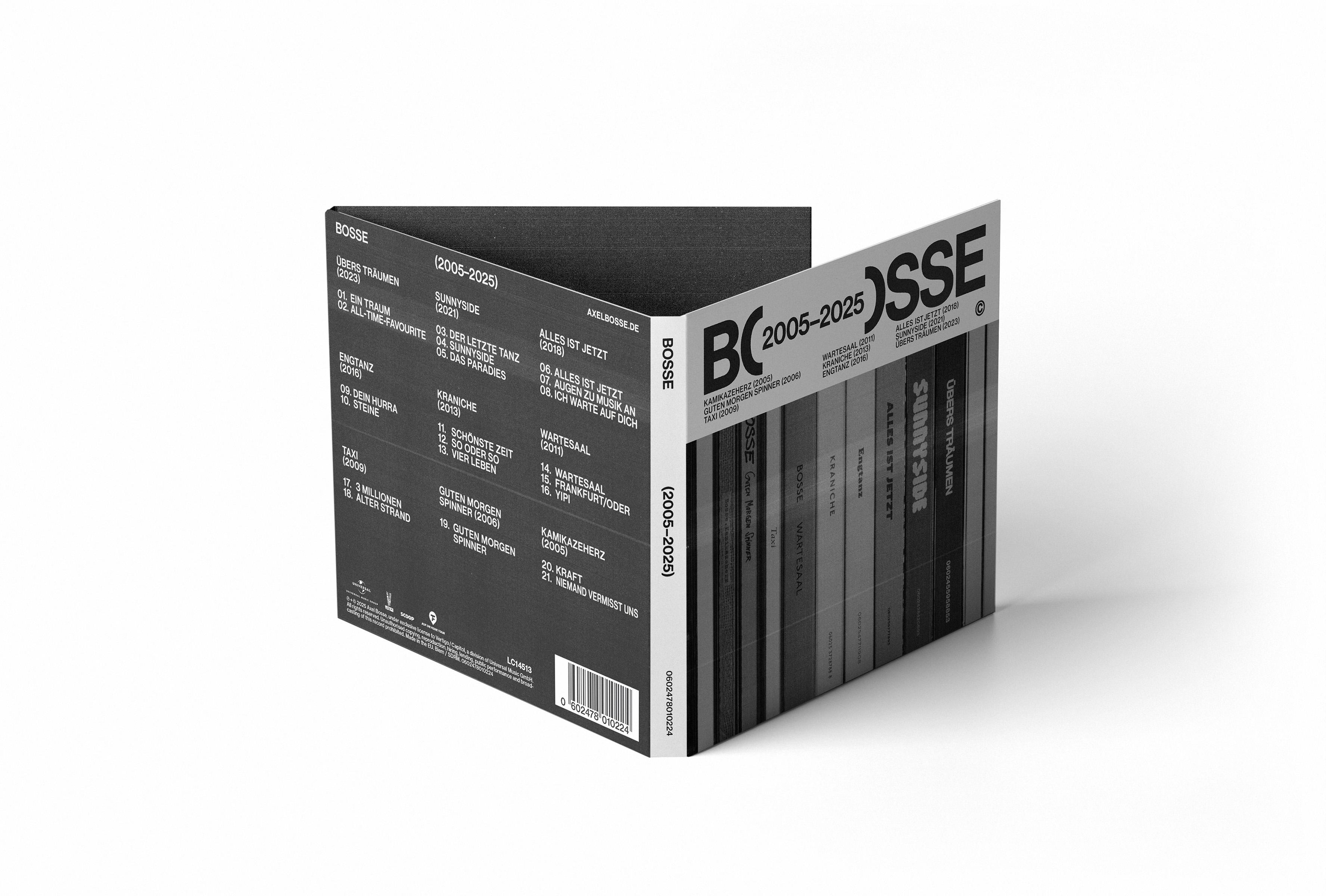 Ein Buchcover von BOSSE, einem Musikalbum, geöffnet, um Titellisten und andere Informationen zu zeigen.