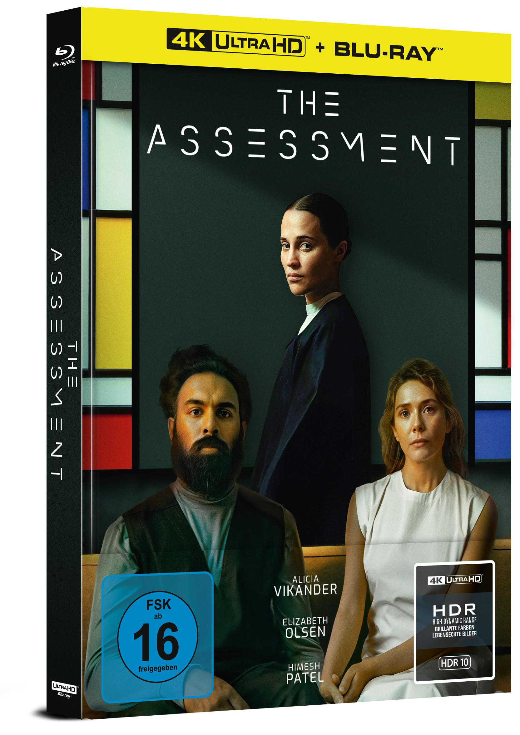 Ein Filmcover. Drei Personen auf der Vorderseite. Titel: The Assessment. Blu-ray und 4K Ultra HD Logos.