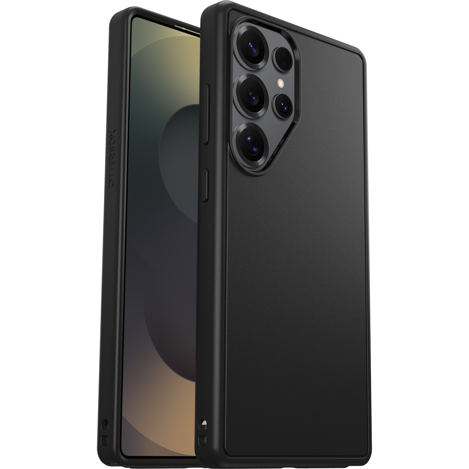 Fekete telefon fekete Otterbox tokban, a telefon kamerájának lencséit mutatva.