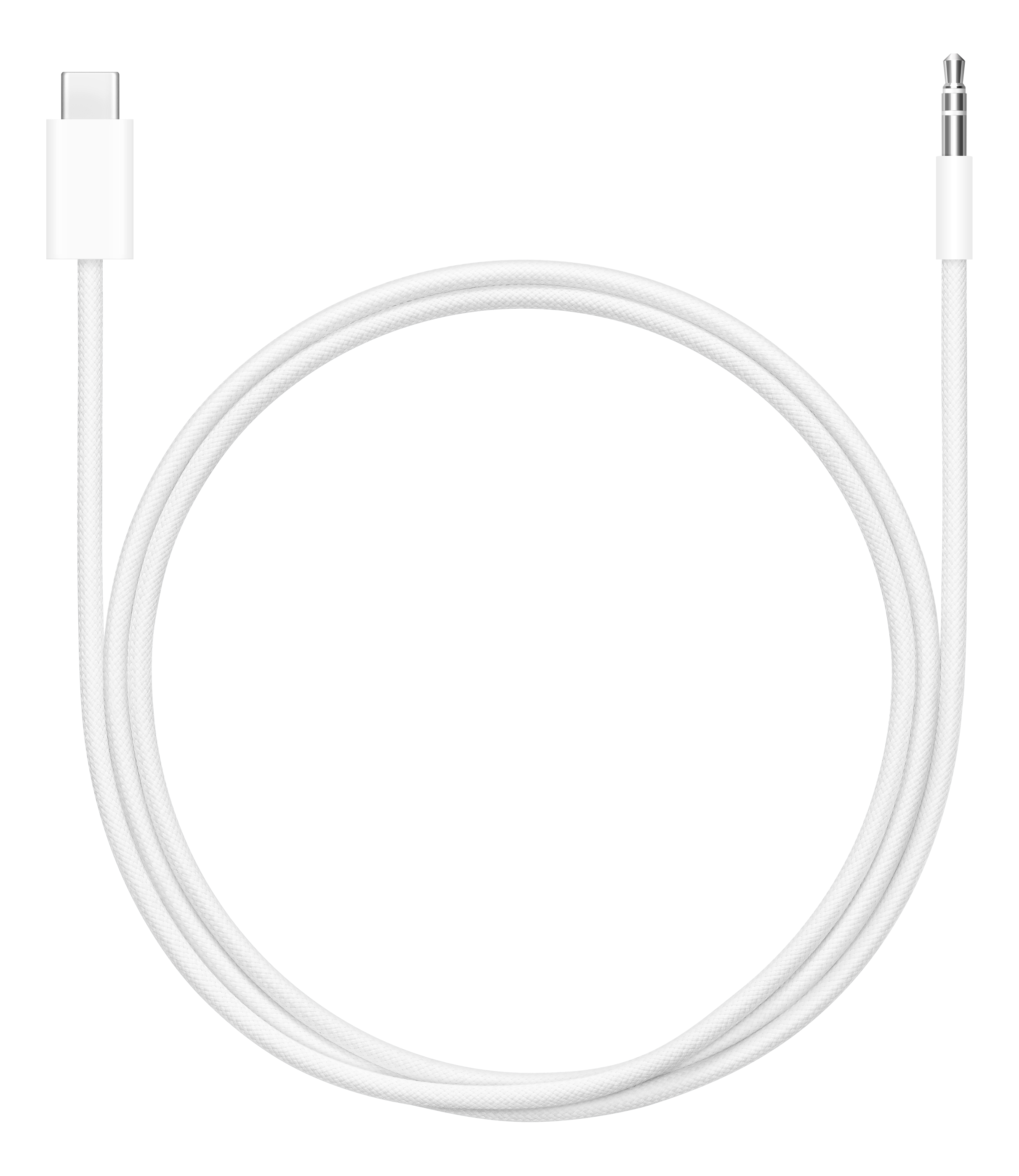 Ein weißes USB-C-zu-3,5-mm-Audiokabel. Es ist ein einzelnes, weißes Kabel, das die beiden Enden verbindet.