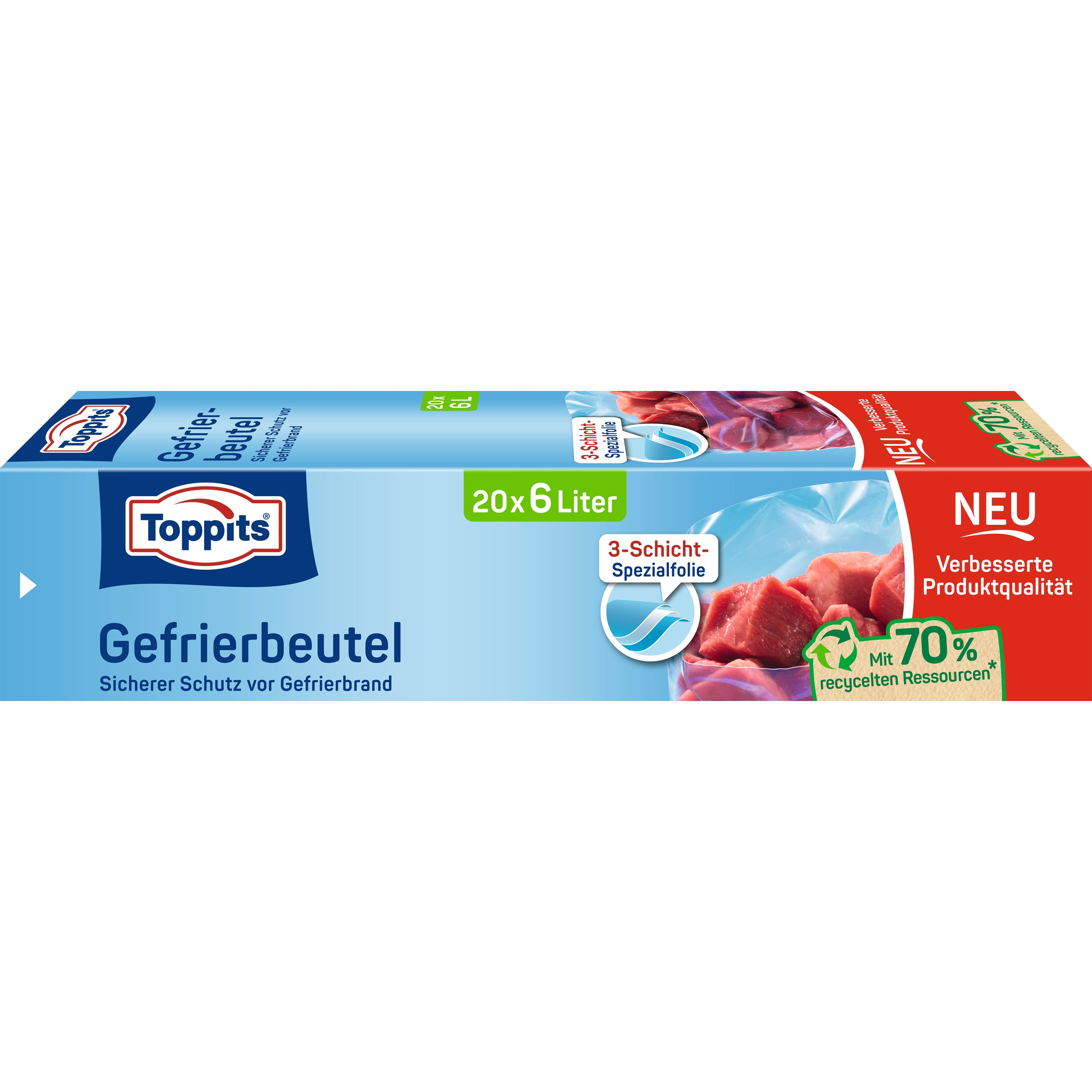 Blau-weiße Gefrierbeutelbox. Text: Gefrierbeutel, Toppits und 20x6 Liter.