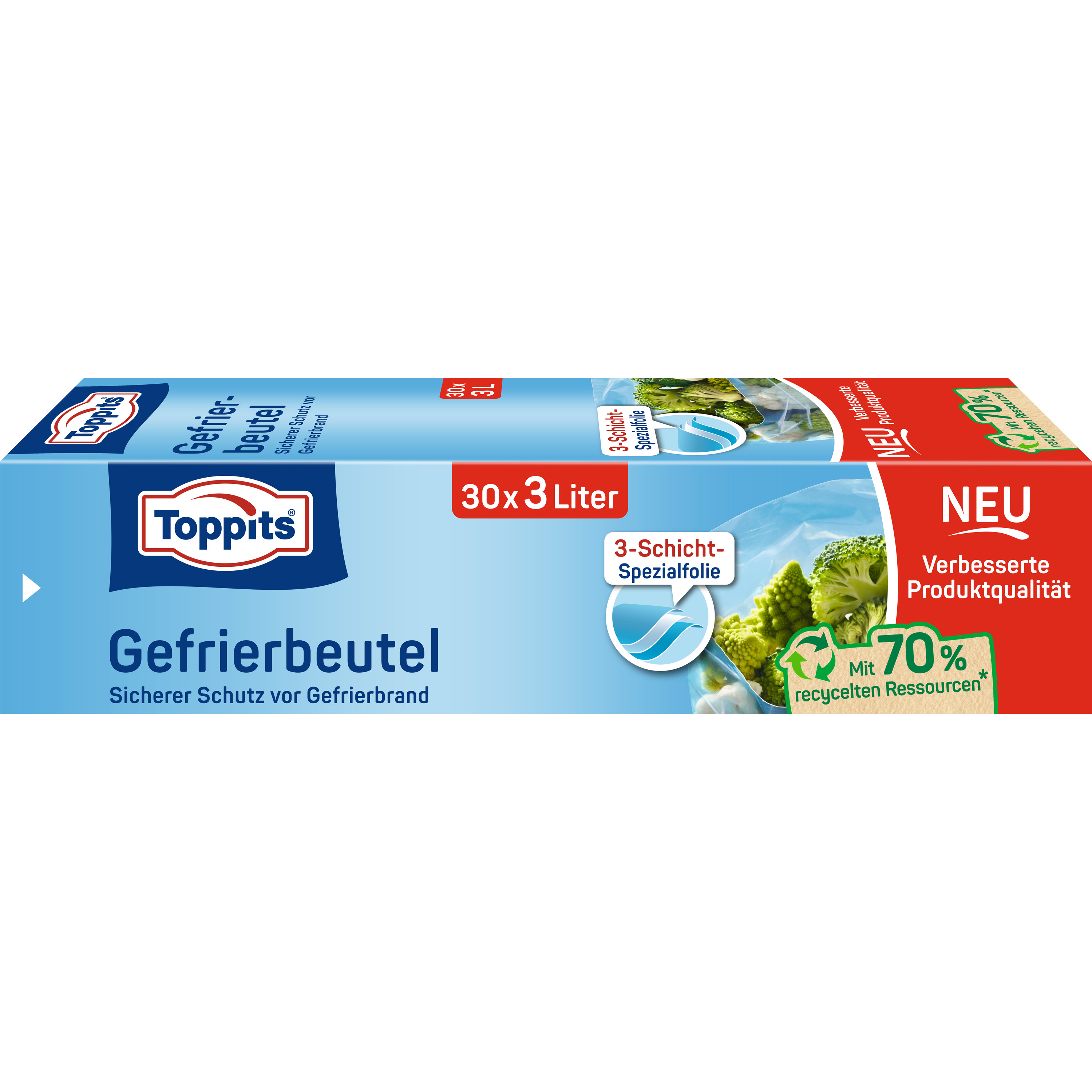 Blaue Box mit Gefrierbeuteln. Brokkoli, 30x3L und 3-Schicht-Spezialfolie sind sichtbar.