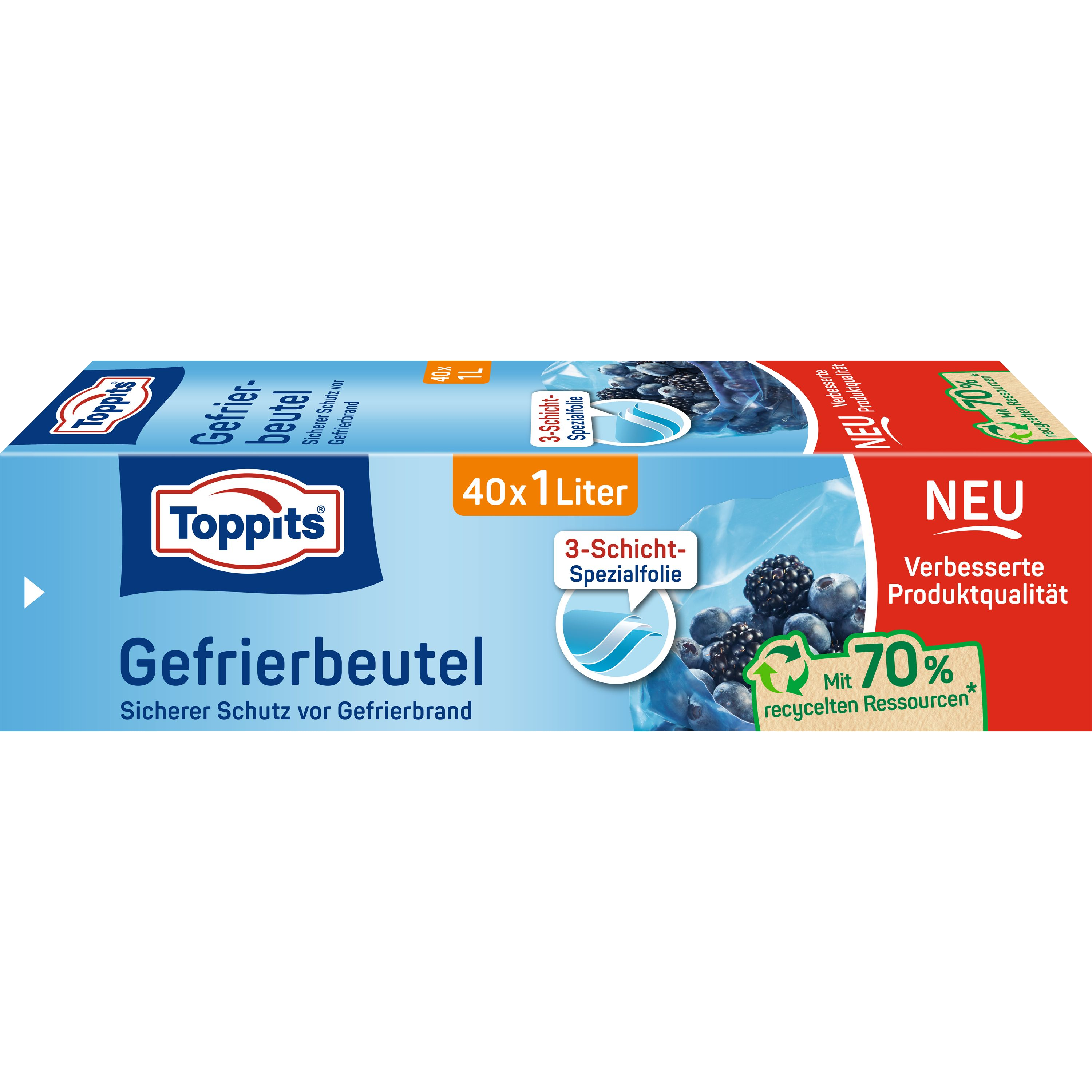Box mit Gefrierbeuteln. Text auf Englisch und Deutsch. Beeren sind auf der Box abgebildet.