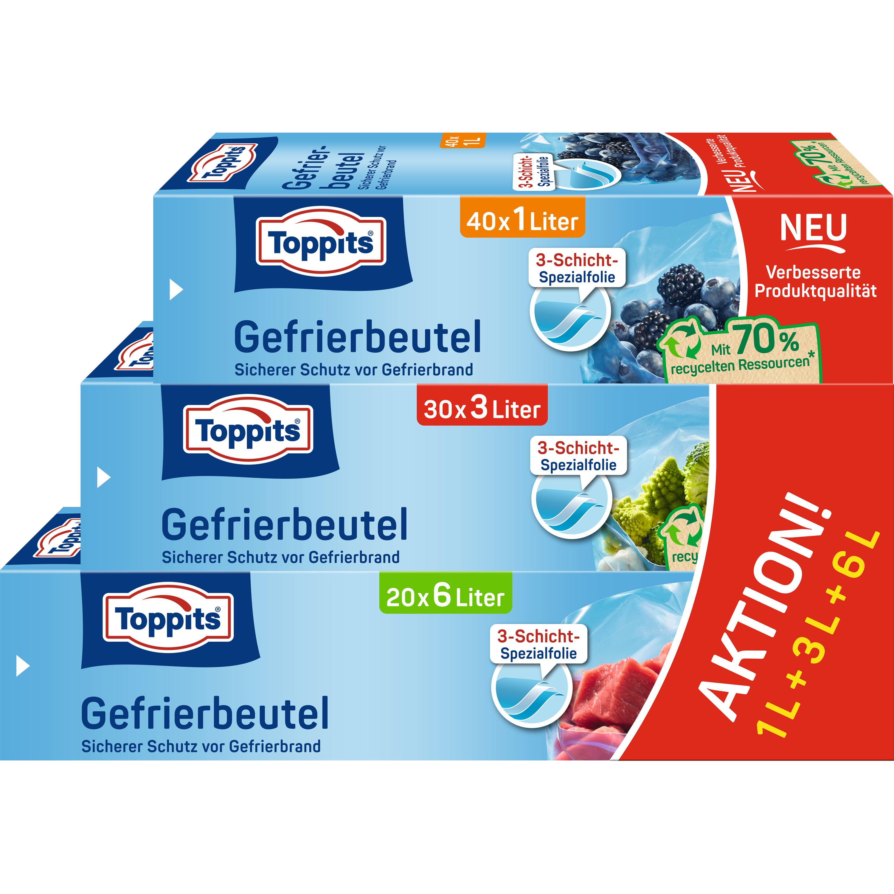 Drei Toppits Gefrierbeutelboxen. Verschiedene Größen, mit Fruchtabbildungen.