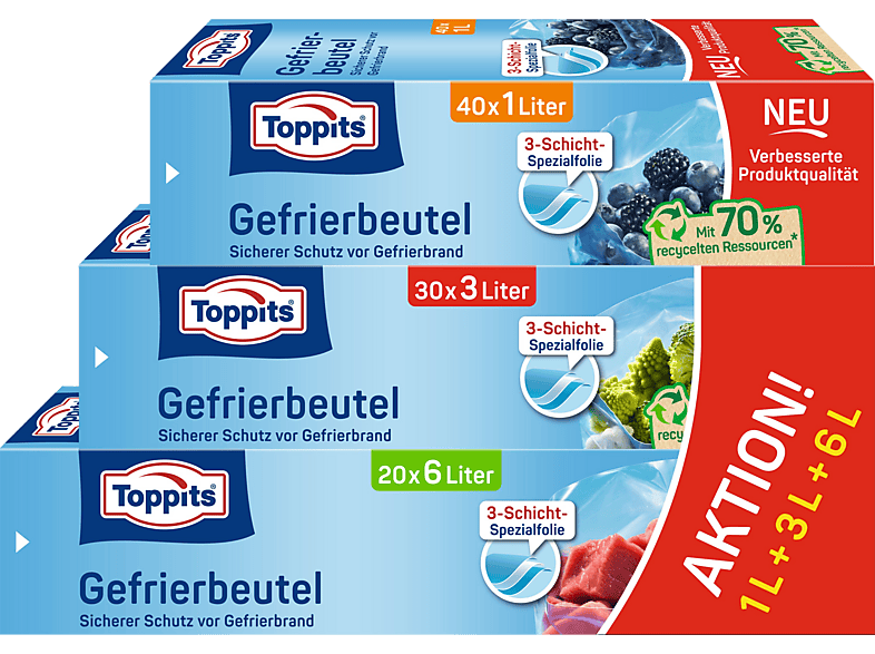 Toppits Gefrierbeutel Sortimentspack 1L/3L/6L