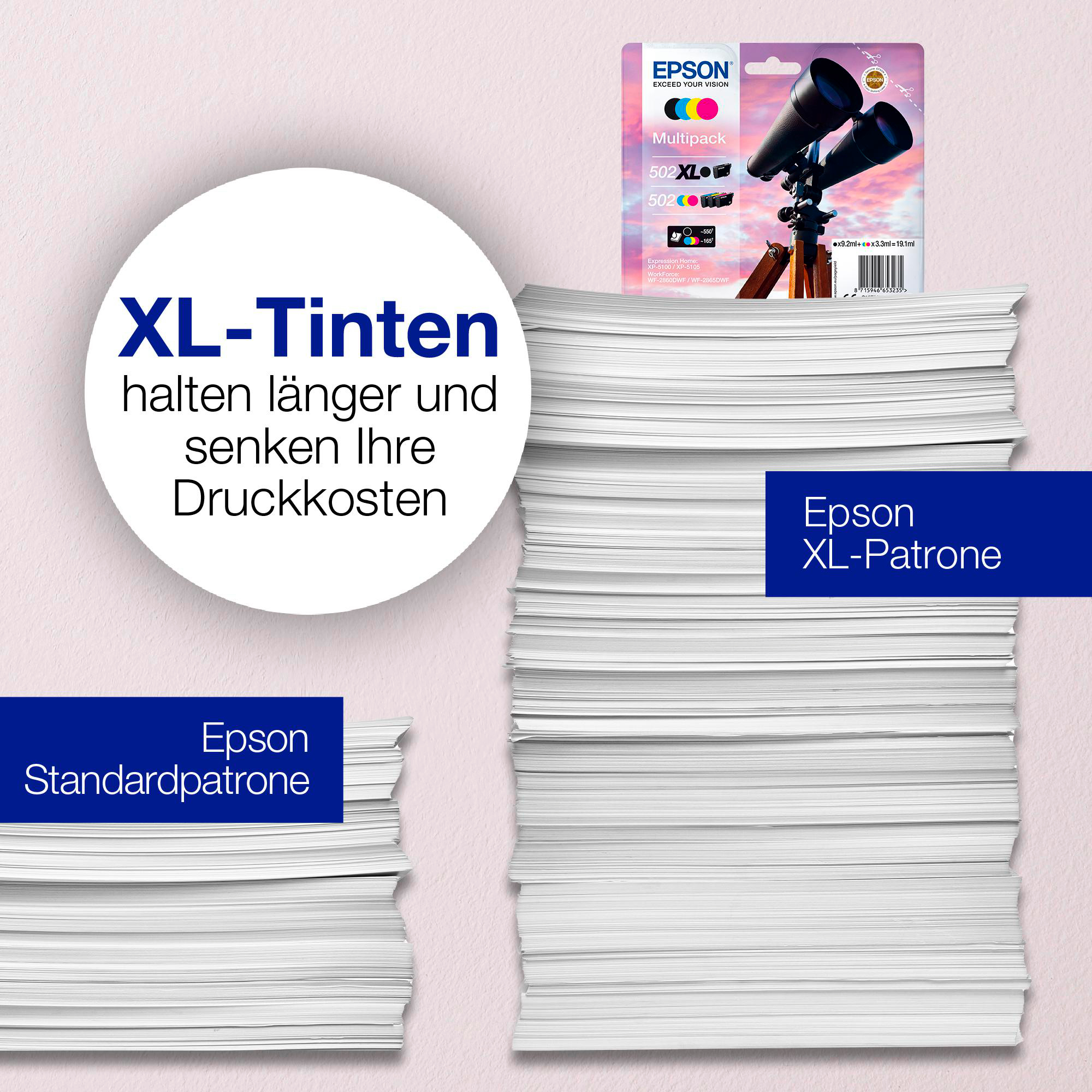 Papierstapel mit Epson-Tintenpatronen. Text: XL-Tinten halten länger und senken Ihre Druckkosten. Standard- und XL-Patronen.