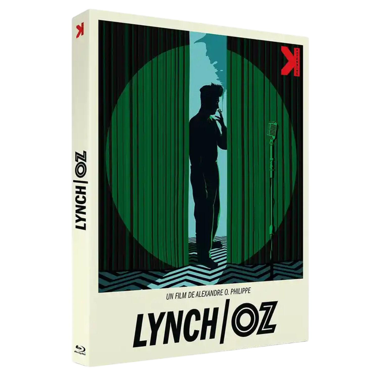 Une couverture de film de "Lynch/Oz". Silhouette d'un homme sur une scène éclairée en vert.