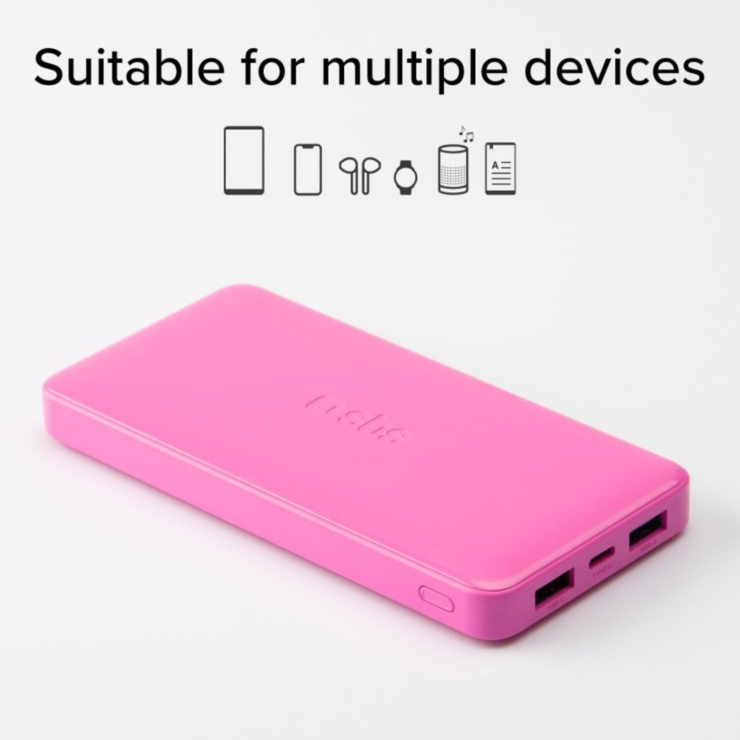 Batterie externe rose avec plusieurs ports, icônes de compatibilité des appareils.