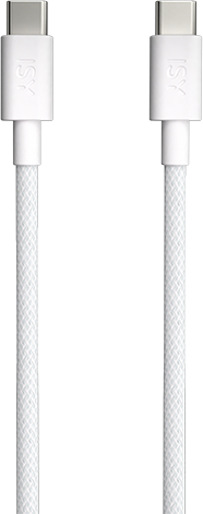 Fehér USB-C kábel. USB-C csatlakozók mindkét végén. A kábel fehér, texturált mintával.