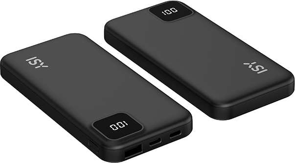 Két fekete power bank egymás mellett, ISY logóval és százalékos kijelzővel.